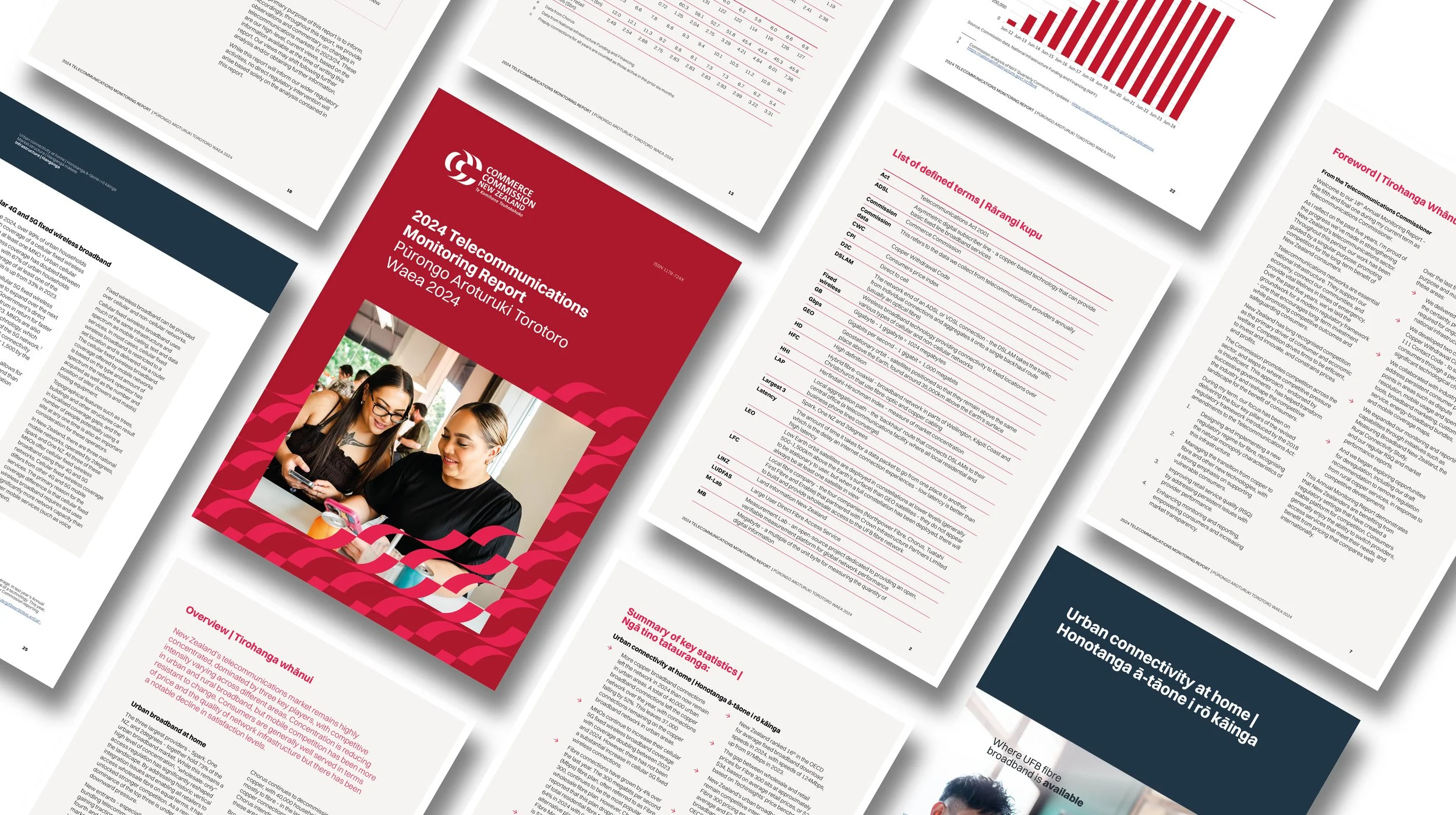 Example document layouts showing graphic design approaches to information layout, icon design, infographics, data visualisation, and strategic design thinking for a government agency.