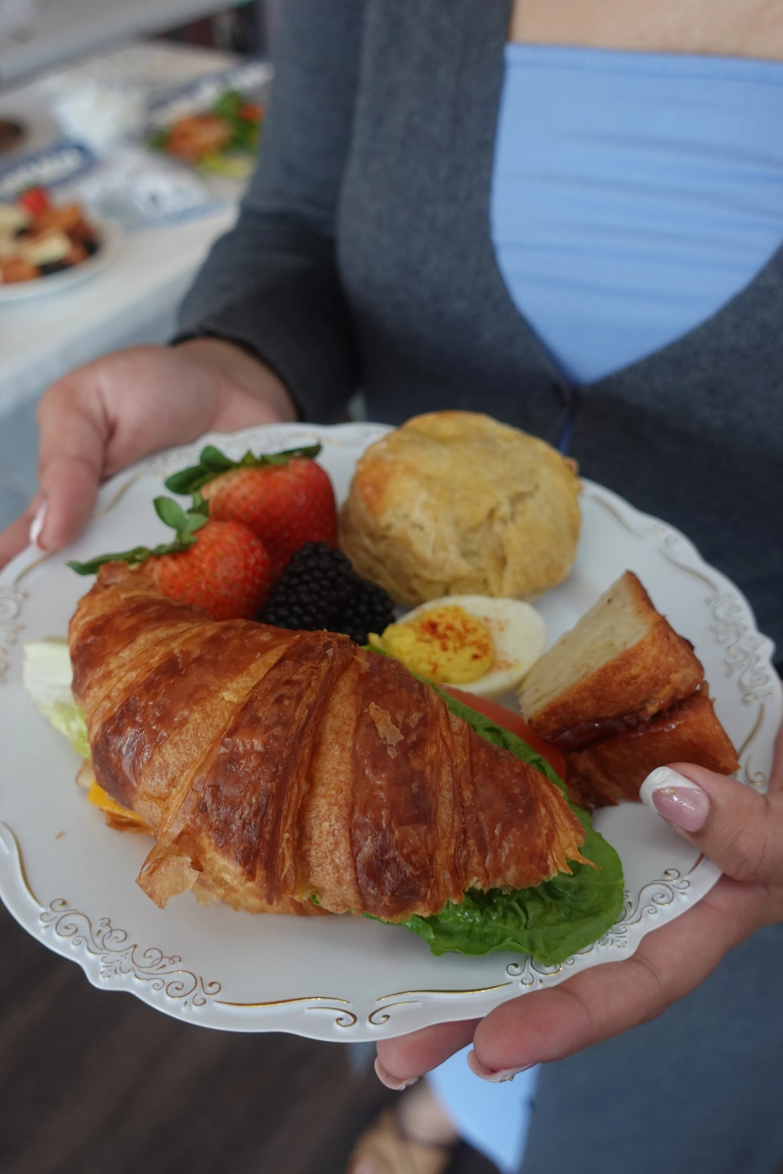 A person holding a white plate with a croissant, strawberries, blackberries, a sliced boiled egg, and some bread, with a background showing out-of-focus food and a person wearing a gray and blue striped shirt.