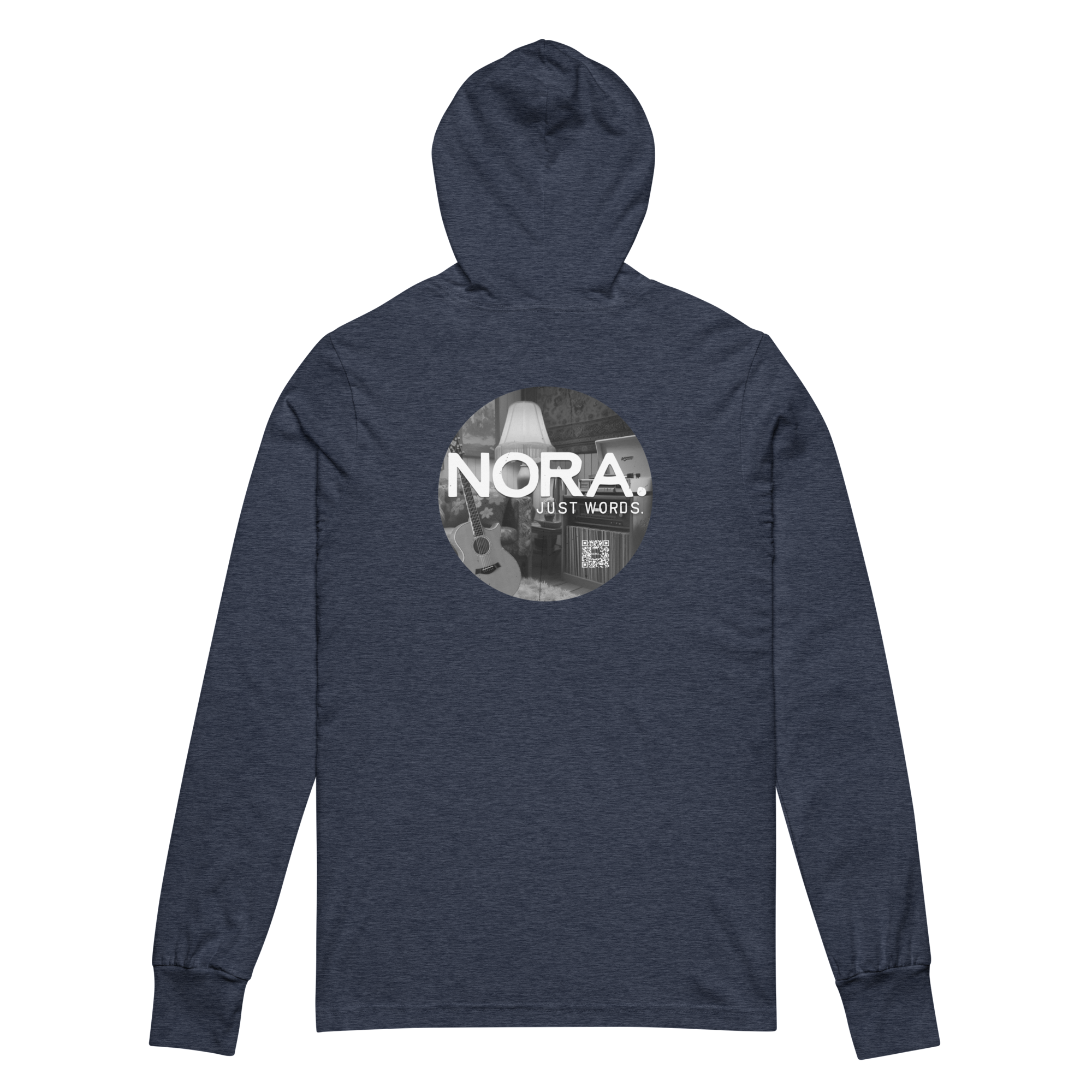 A unisex hooded t-shirt, pictured heather navy with NORA. logo centered on front and a circular design featuring a vintage living room, NORA. logo, and EP title "Just Words."