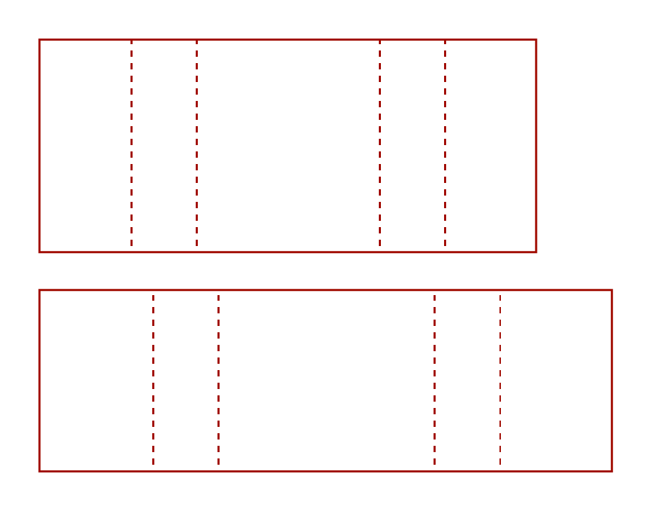 Two rectangular templates with red borders and dotted lines dividing them into sections, likely for organizing or cutting. The templates are placed one above the other.