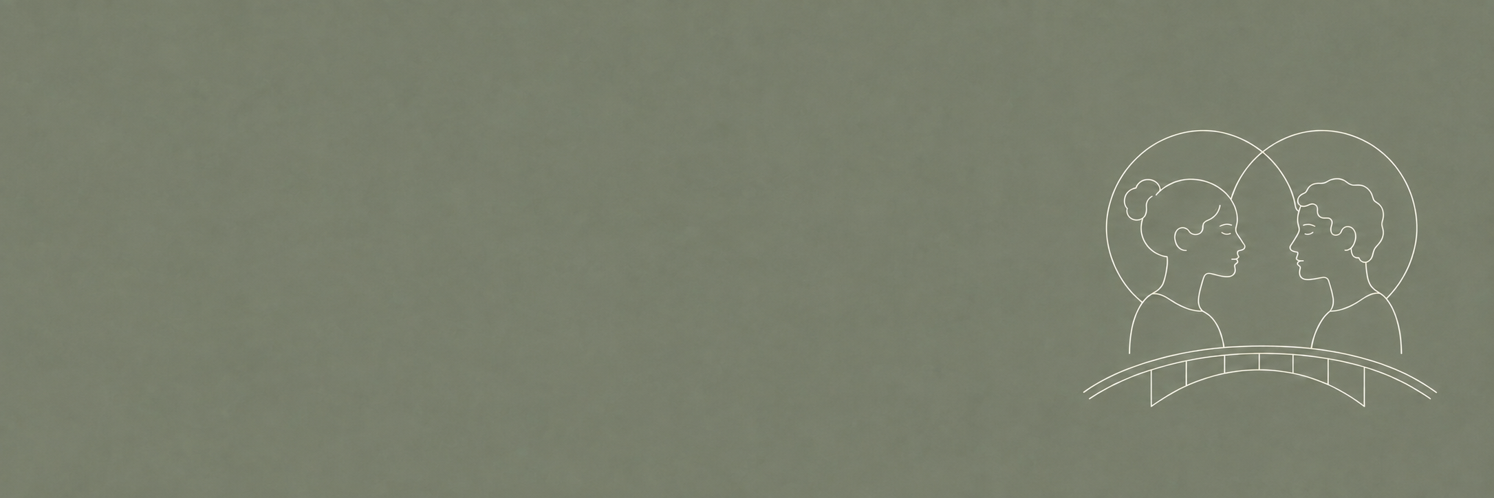 Minimalist line drawing of two women facing each other with a bridge beneath them, set against an olive green background.