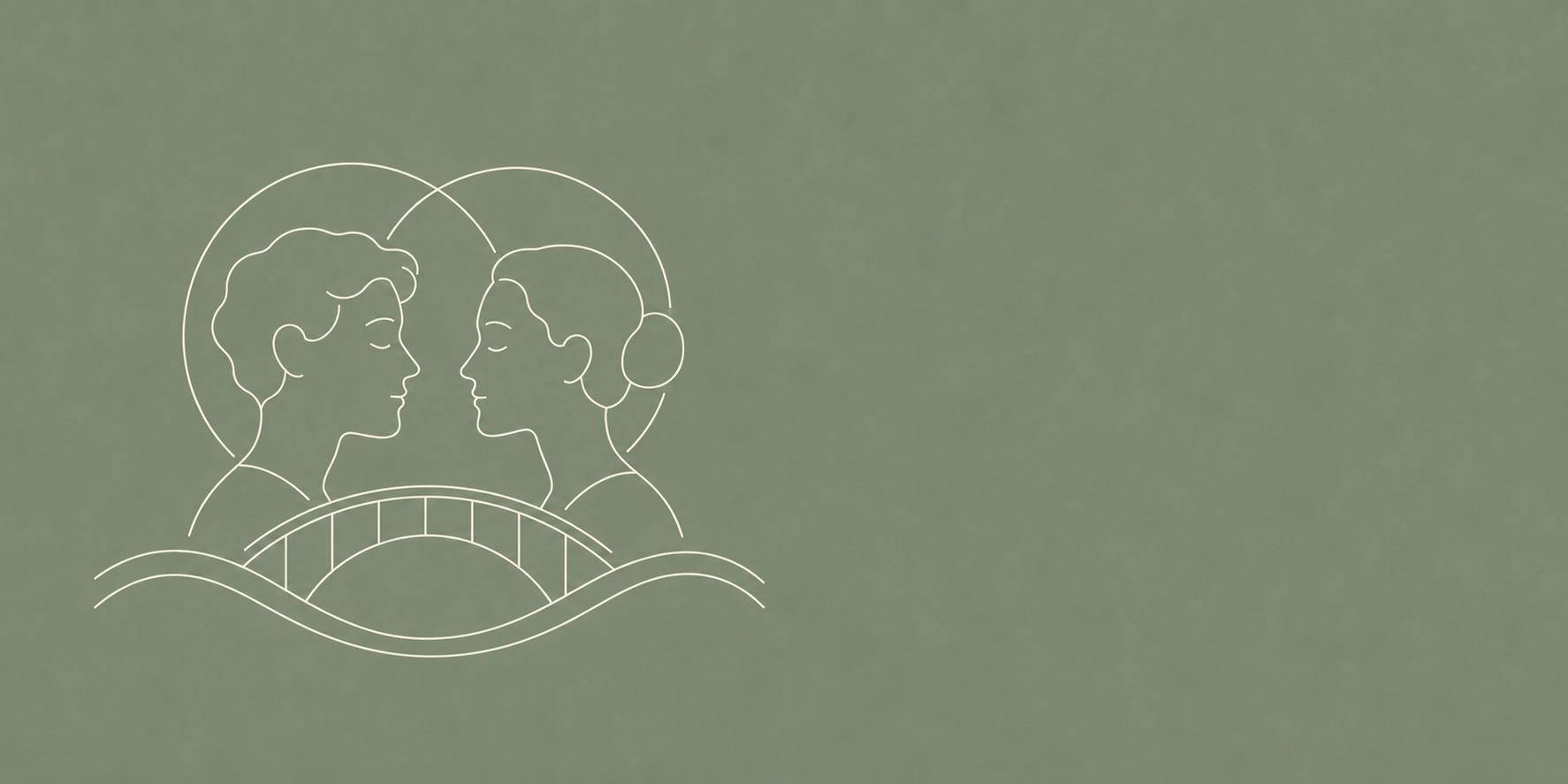 Line art illustration of a man and woman facing each other with their foreheads touching, surrounded by a circle, with a bridge or landscape beneath them, on a green background.