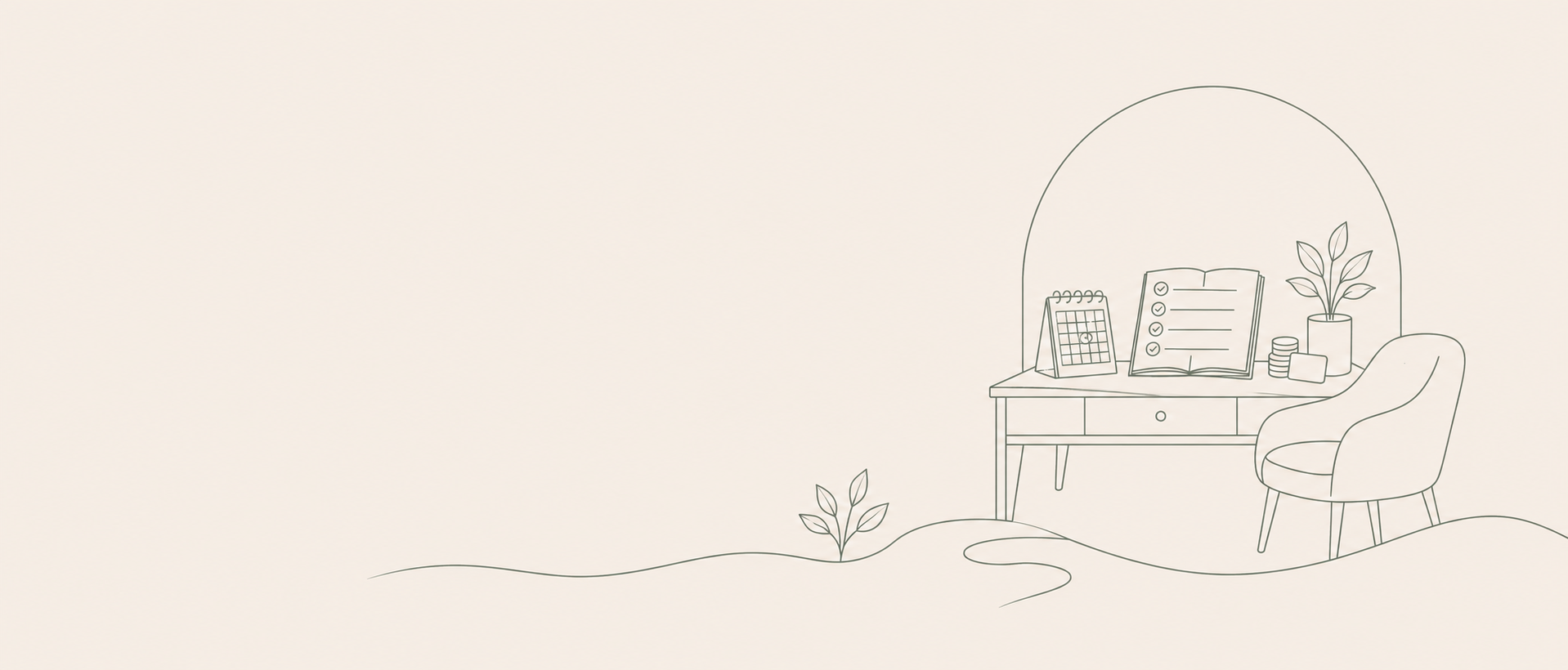Minimalist line drawing of a decorated workspace with a calendar, an open book with checkmarks, a potted plant, coins, and a chair, set against a neutral background.