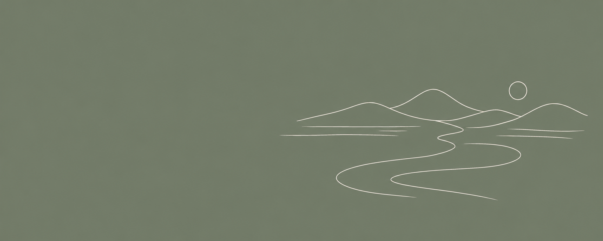 Minimalist digital illustration of mountains, a river, and a setting sun, all created with thin, white lines on a muted green background.