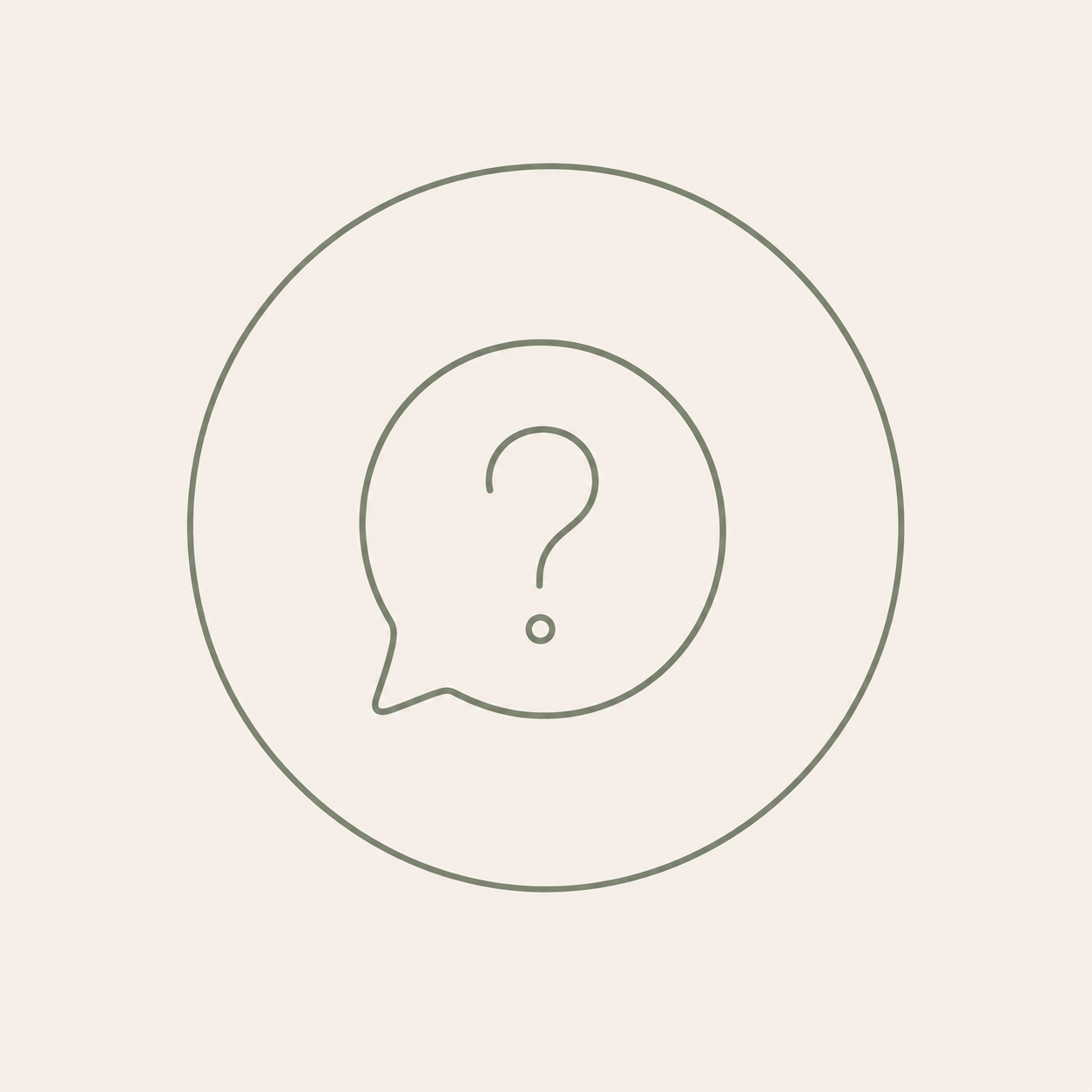 Minimalist graphic with a speech bubble containing a question mark inside a circle.