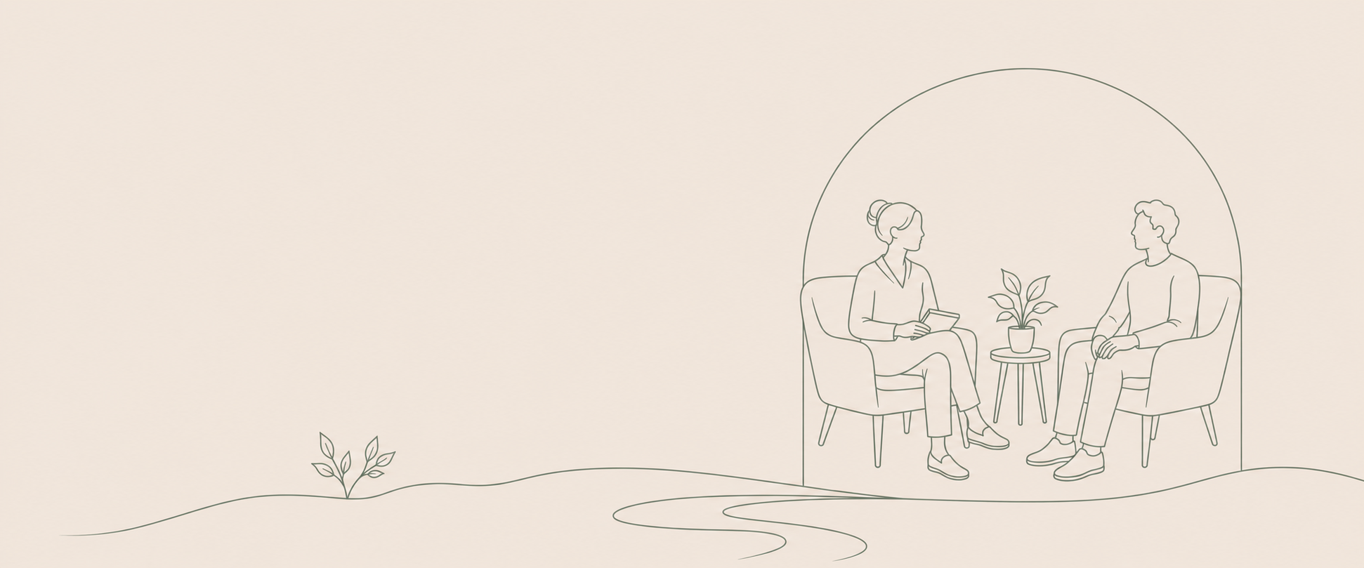 Line drawing of a woman and a man sitting in chairs with a small table and a potted plant between them, within an arch-shaped outline on a beige background.