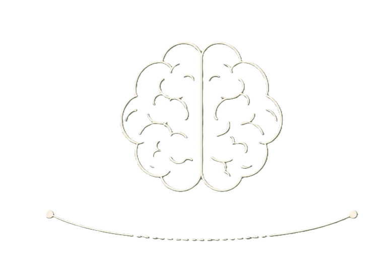 Simple line drawing of a human brain with a curved line underneath it, suggesting a smiley face, on a black background.
