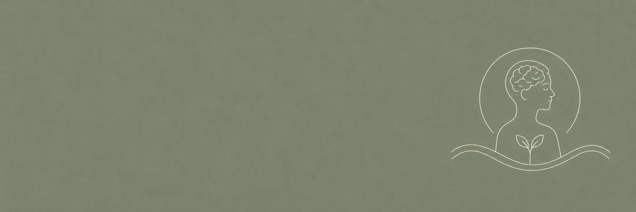Minimalist line drawing of a woman with a sprouting plant inside a circle, set against a muted green background.