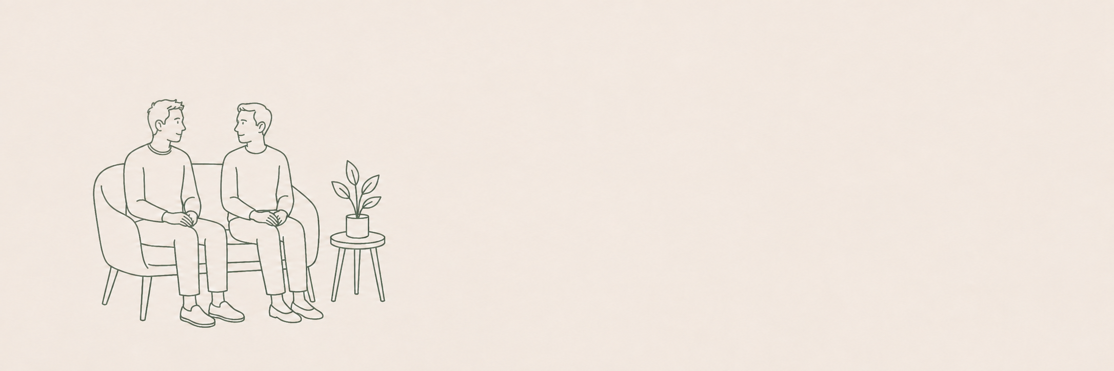 Line drawing of two men sitting on a couch and facing each other, with a potted plant on a small table beside them.