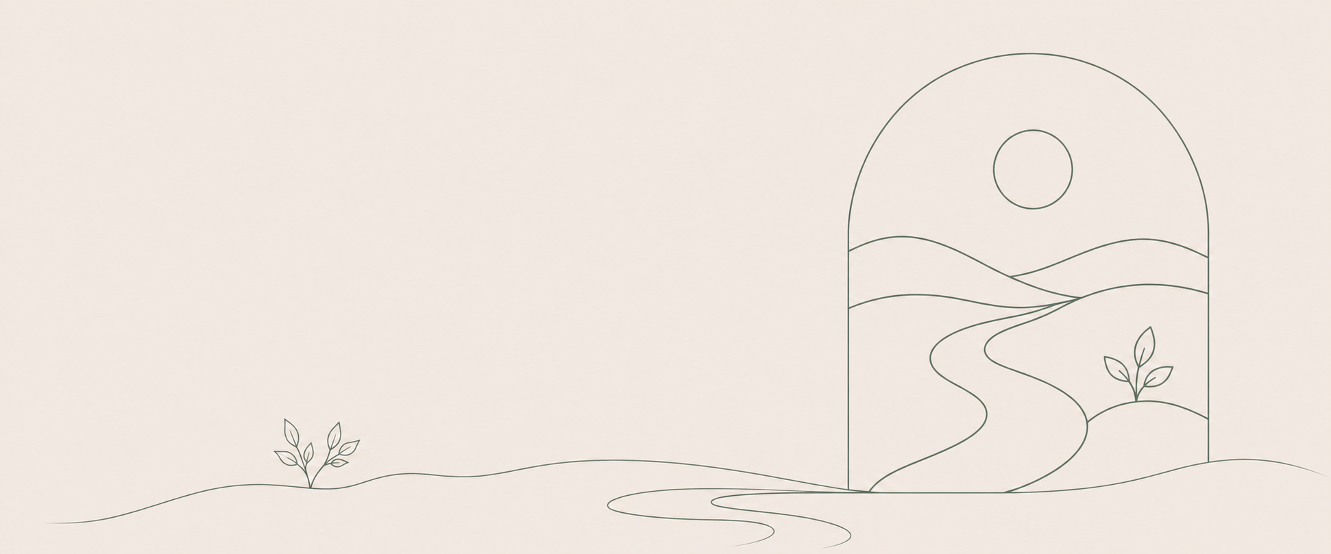 Minimalist line drawing of a landscape with hills, a winding path, plants, a large arch framing the scene, a setting or rising sun, and a moon in the sky.