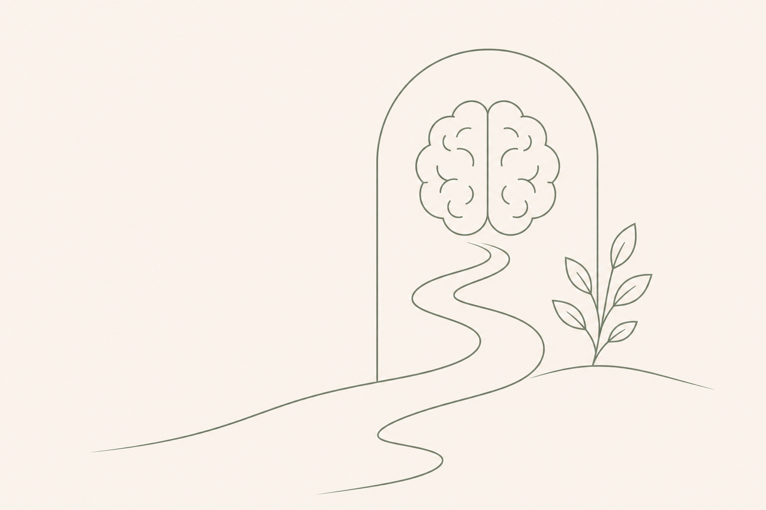 Minimalist line drawing of a winding path leading to an archway with a brain inside the arch, and a small plant with leaves on the right side.