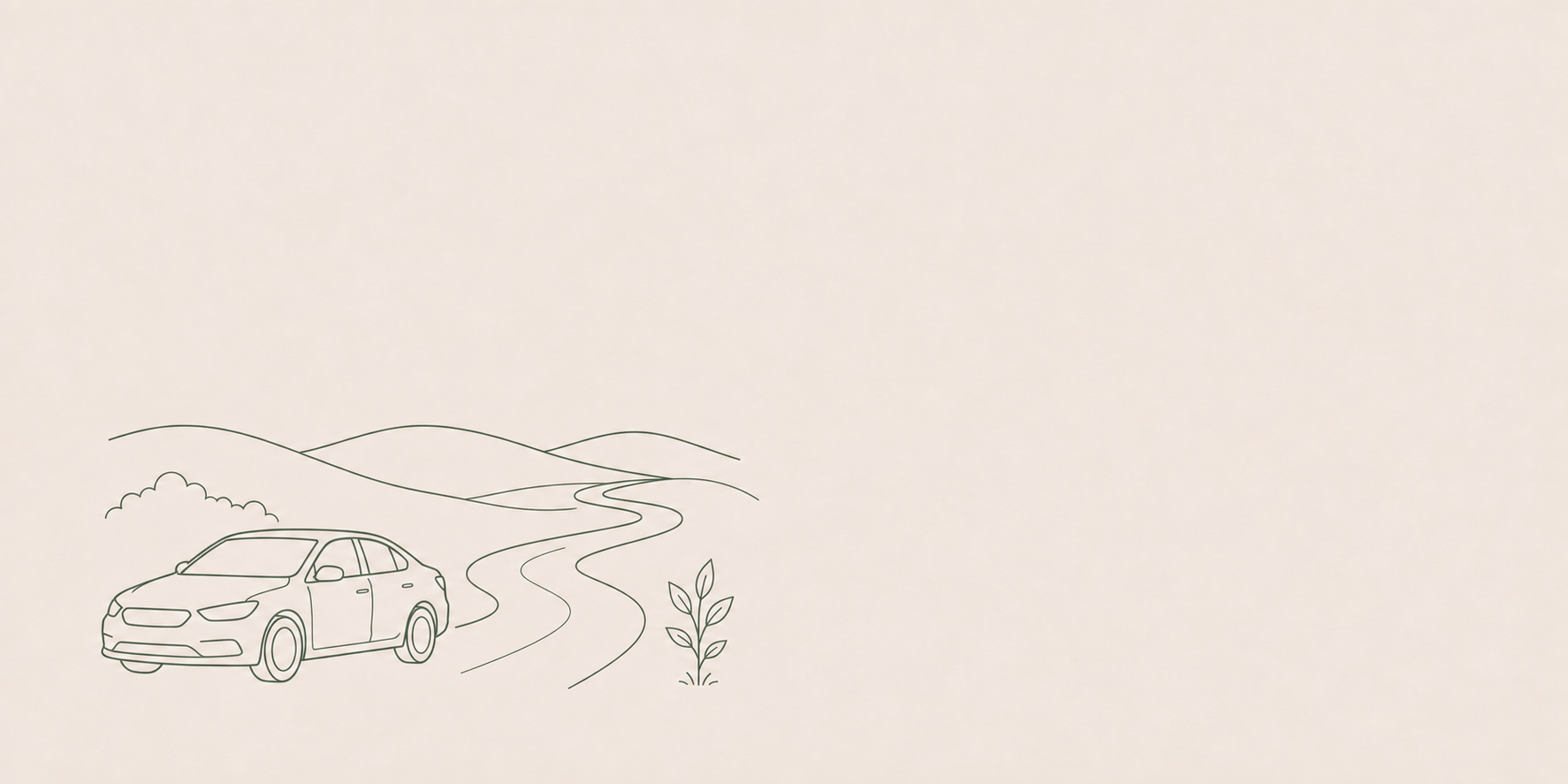 Minimalist line drawing of a car on a winding road with hills in the background and a small plant in the foreground.
