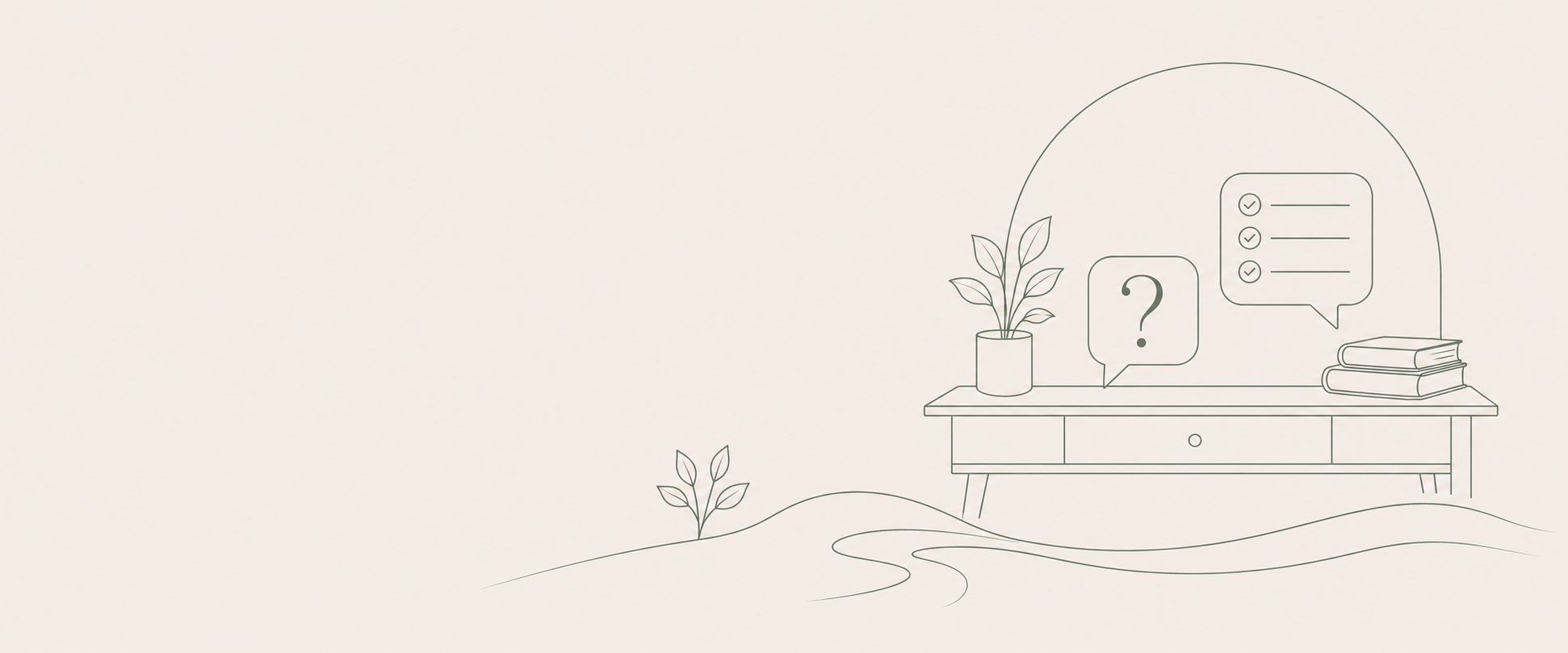 Minimalist line drawing of a desk with a plant, a question mark speech bubble, a checklist speech bubble, and some stacked books, set against a plain background.