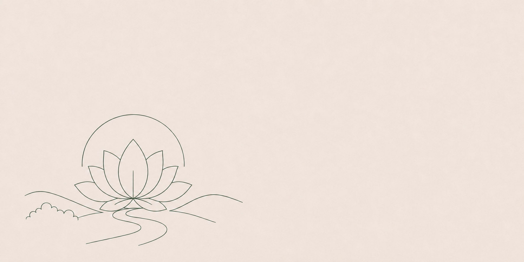 Minimalist line drawing of a lotus flower with a pond and curved water lines, on a light beige background.