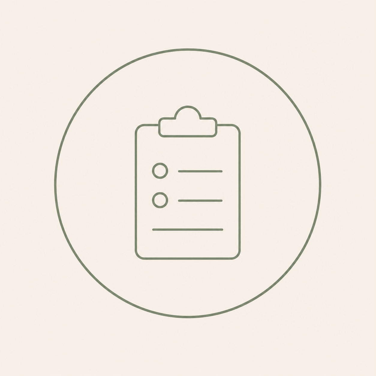 A simple line drawing of a clipboard with a checklist, enclosed in a circle.