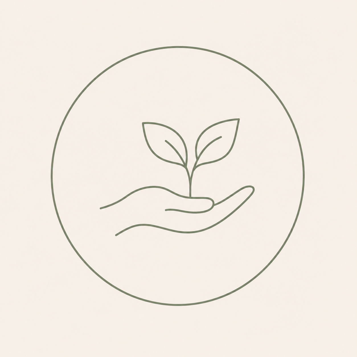 Minimalist line drawing of a hand holding a small plant with two leaves, enclosed in a circle.