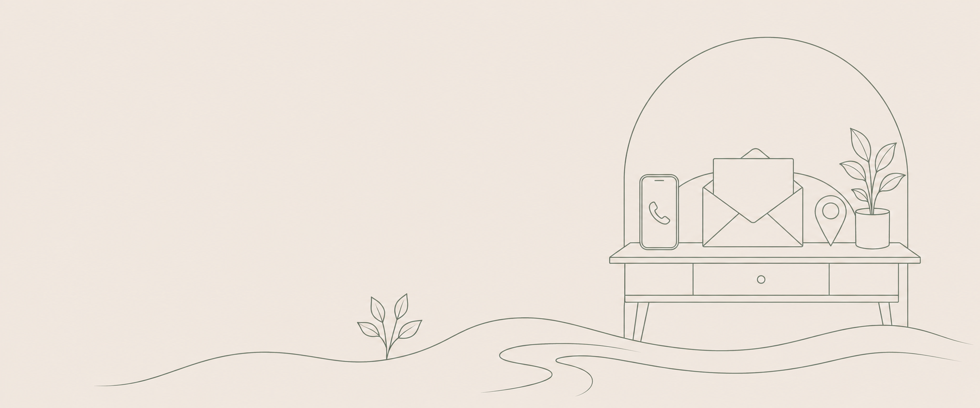 Minimalist line drawing of a desk with a phone, envelope, map pin, and potted plant, with small plants and winding lines on a beige background.