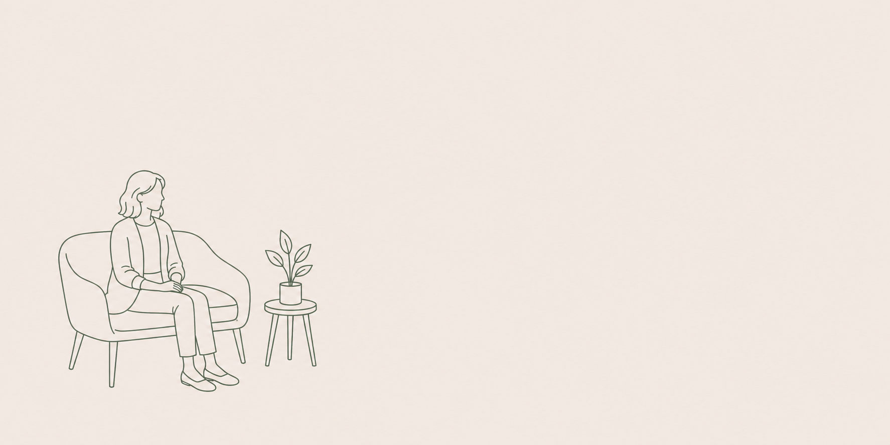 Line art illustration of a woman sitting on a sofa, with a small table holding a potted plant beside her, on a plain beige background.