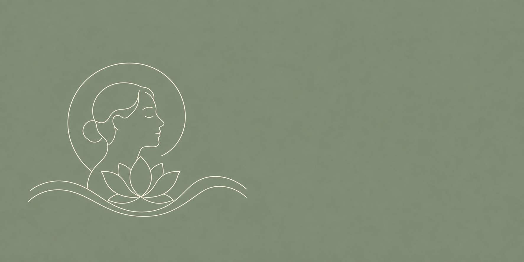 Line drawing of a woman's profile with closed eyes, surrounded by a halo, with a lotus flower below her chin and wavy lines representing water on a green background.