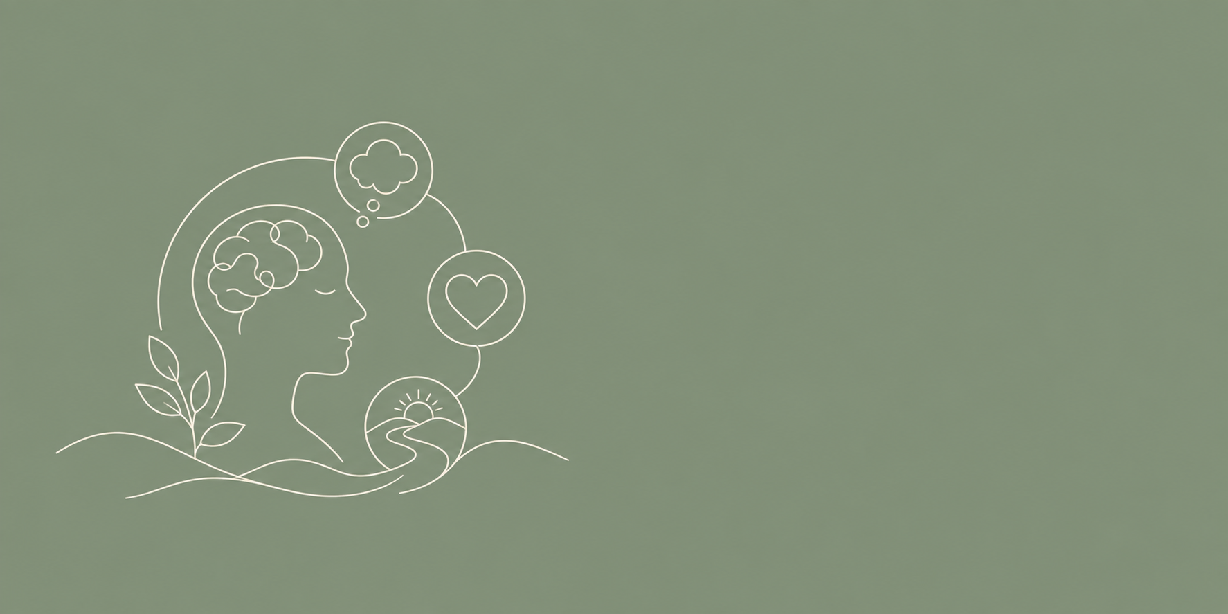 Line art illustration of a woman's profile with a brain and leaves, surrounded by thought bubbles containing a cloud, a heart, and a sun over a winding path.