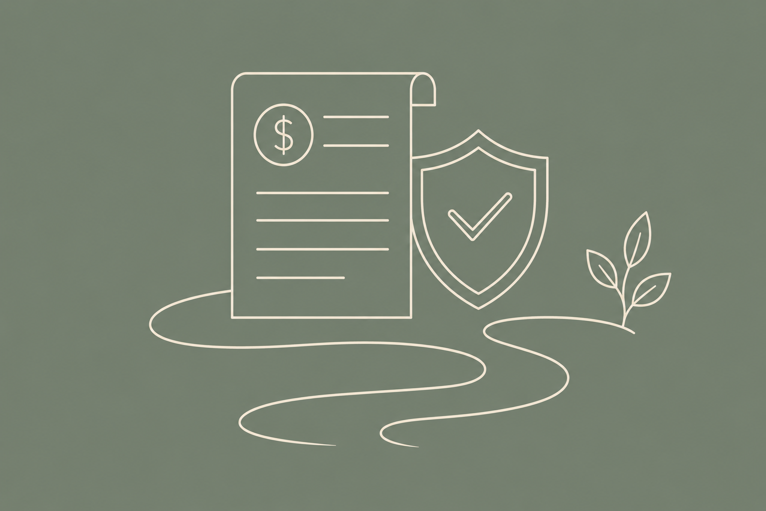 Line drawing of a receipt with a dollar sign, a shield with a checkmark, and a small plant on green background.