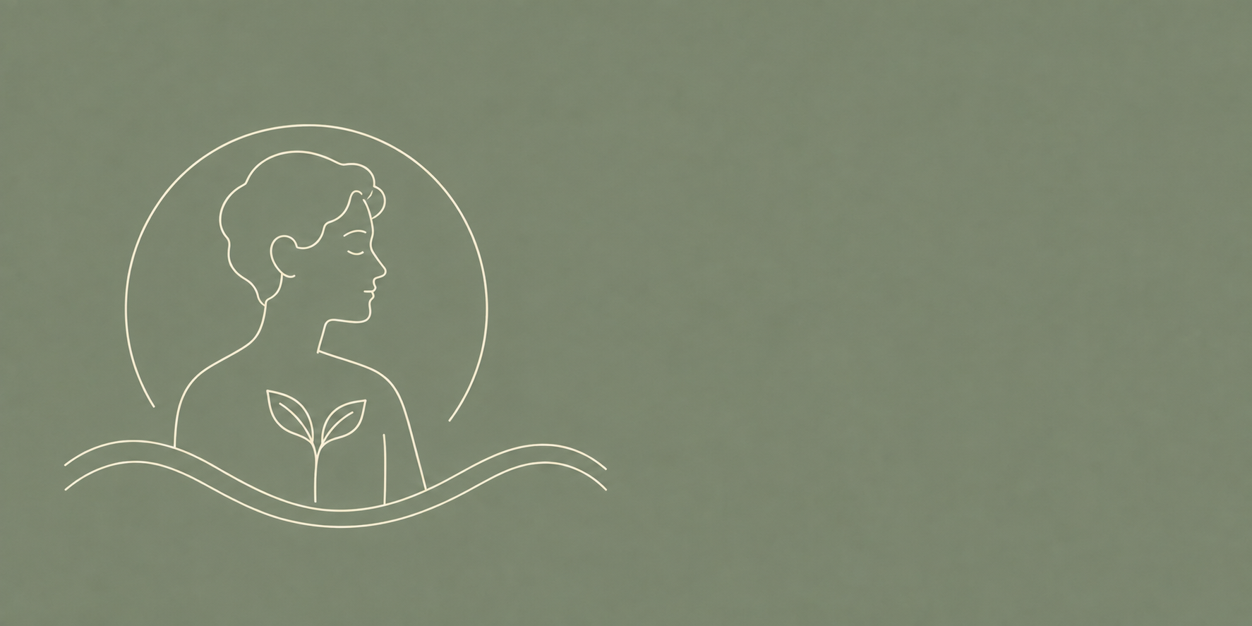Minimalist line art illustration of a woman's profile with closed eyes, surrounded by a circular line, and a plant with two leaves growing from the chest area, set against a muted green background.
