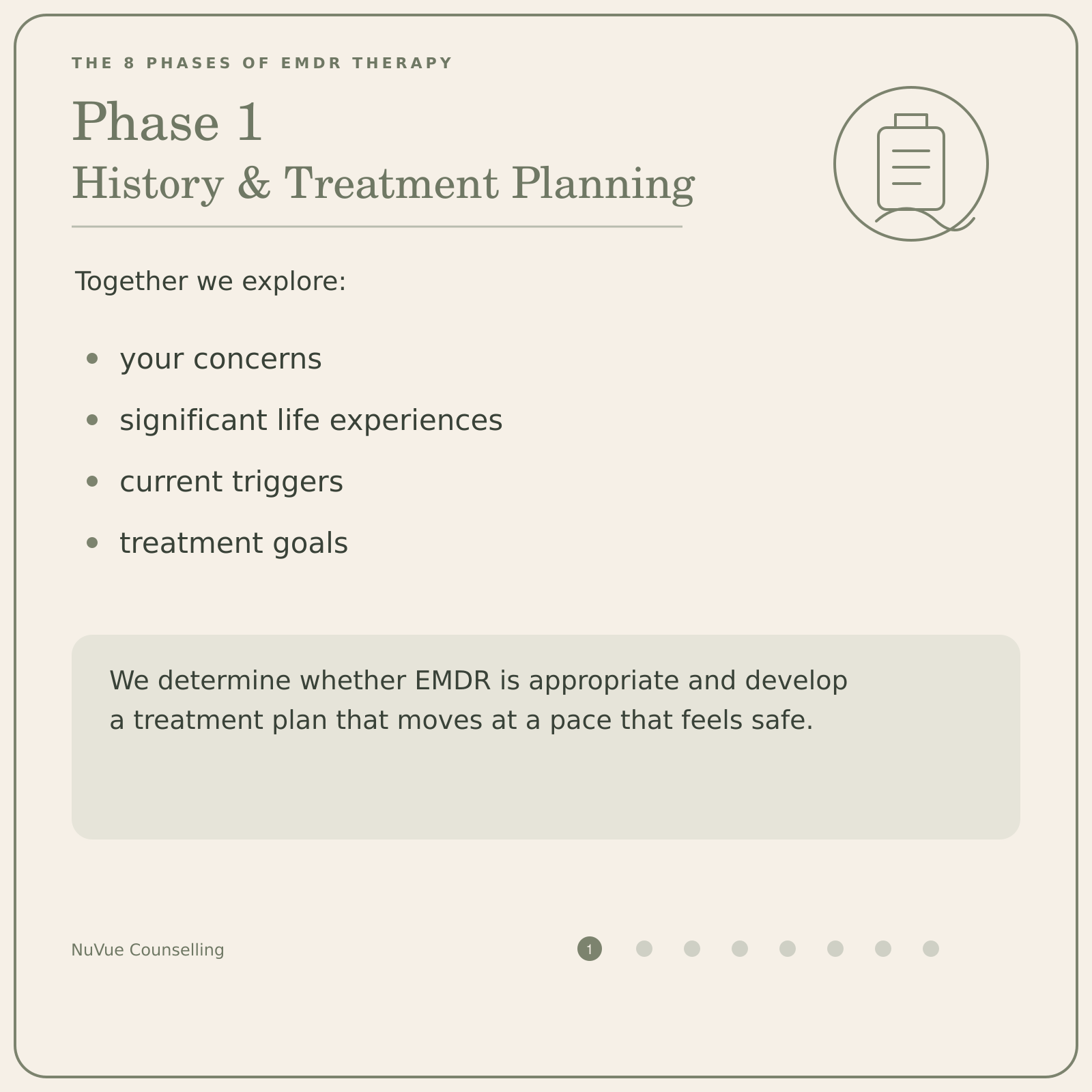 Slide from a presentation titled 'The 8 phases of EMDR therapy,' focusing on Phase 1: History & Treatment Planning. It highlights exploring concerns, life experiences, triggers, and treatment goals with a brief paragraph about assessment and planning, along with a small graphic of a clipboard.
