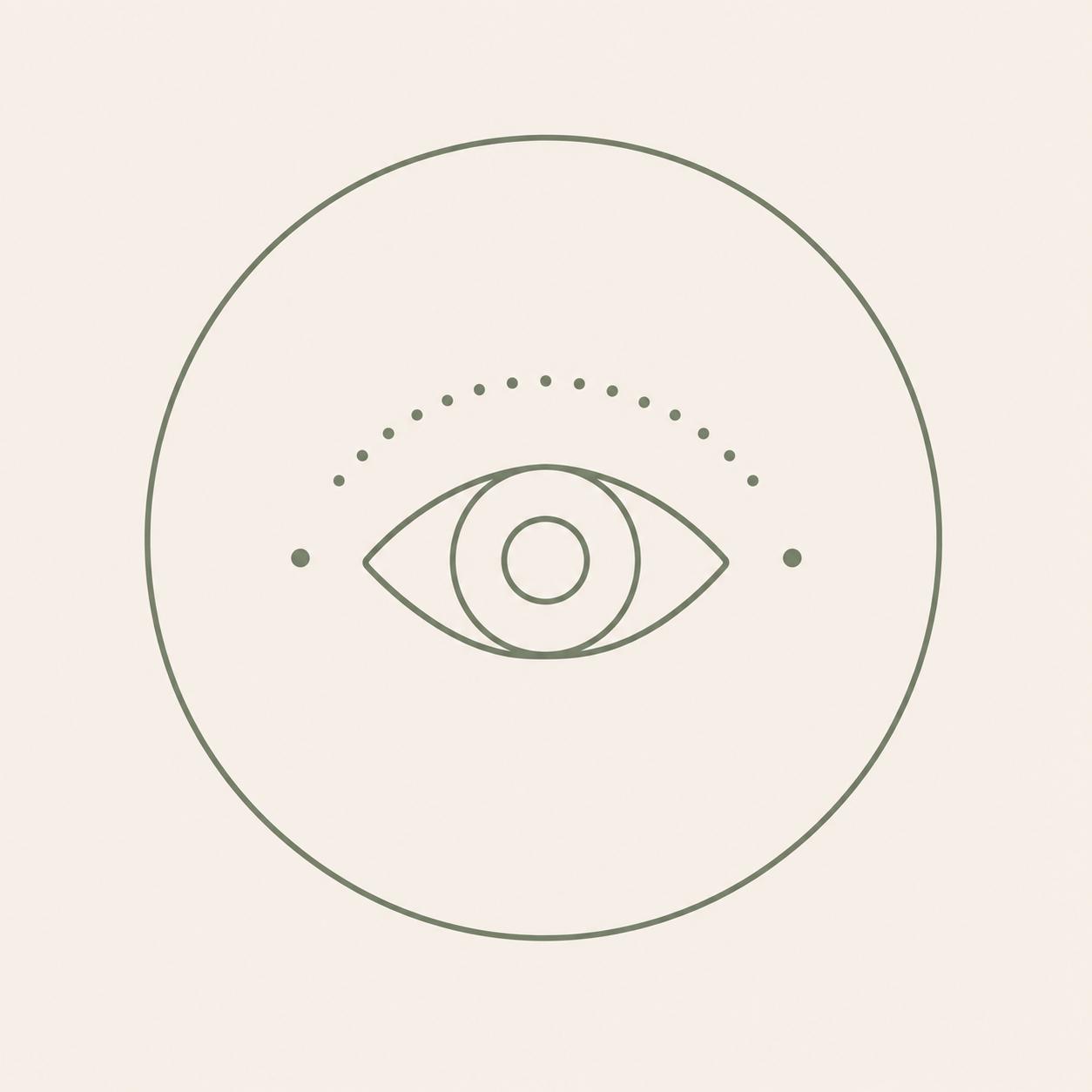 Minimalist line drawing of an eye within a circle, with dotted lines above representing an arc.