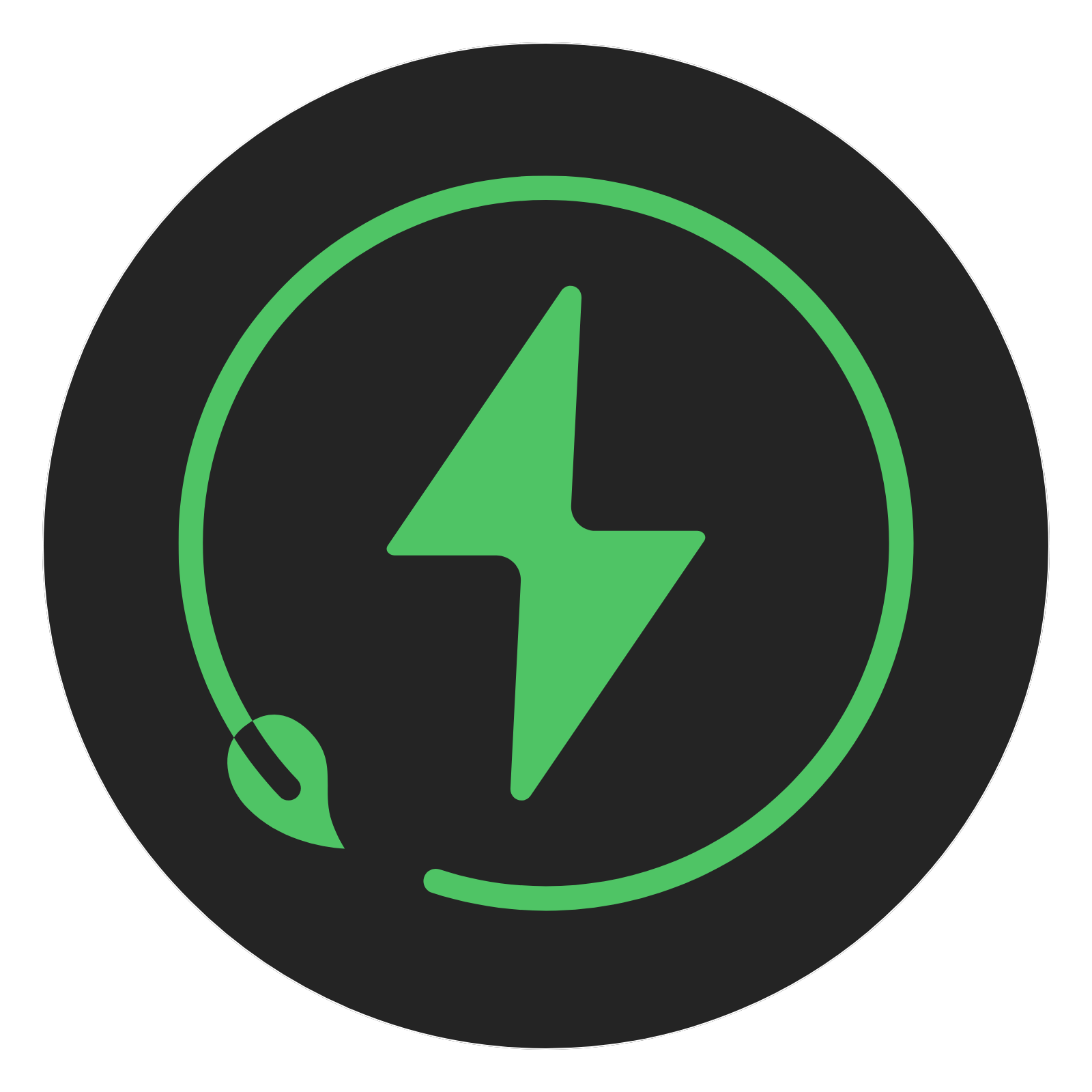 A black circular icon with a green lightning bolt and circle with a leaf on one end around the bolt in the center.