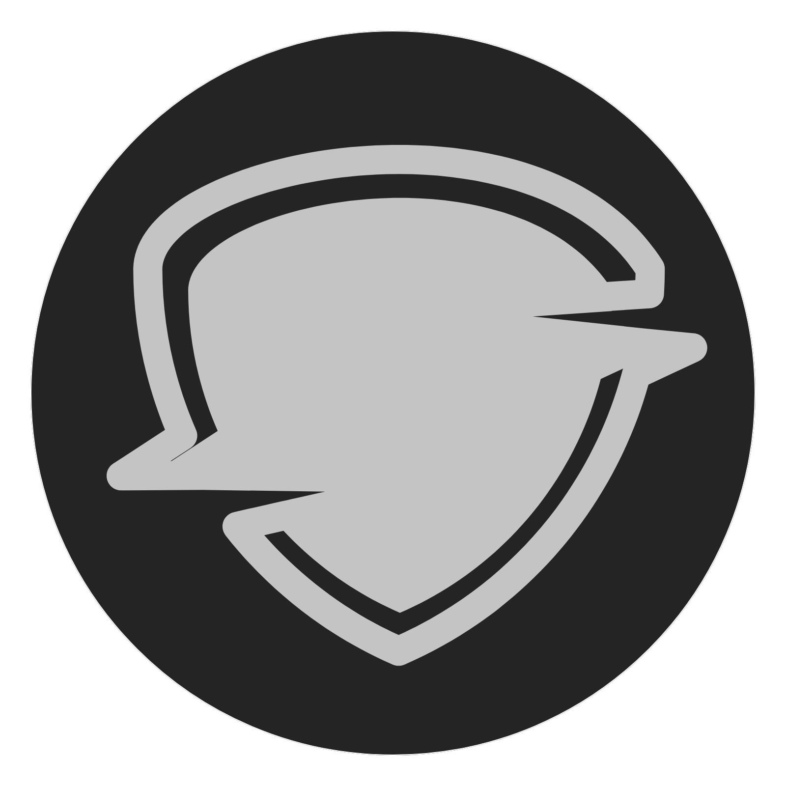 A black circular icon with a gray shield with offset rings on the top and bottom of it in the center.