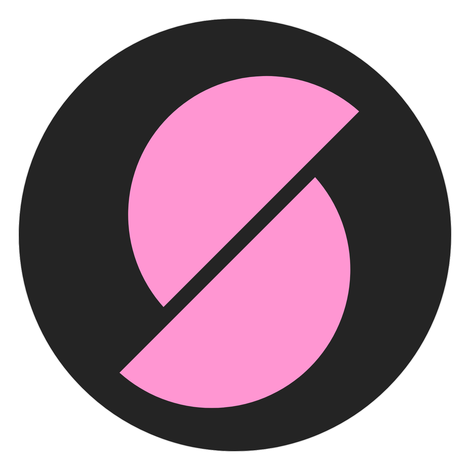 A black circular icon with pink two offset half circles at a left to right 45-degree angle in the center.