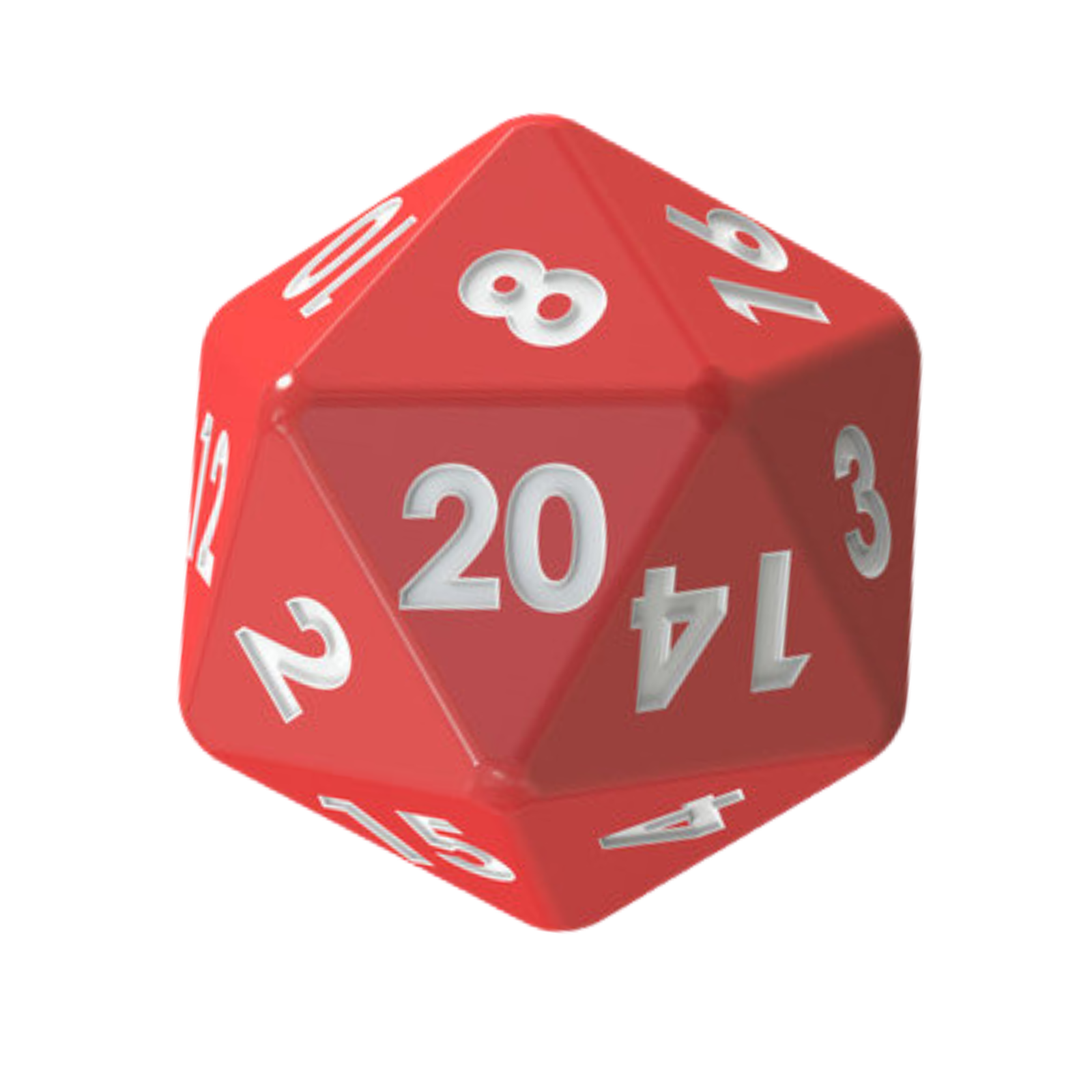A red 20-sided die used to roll for Mischief Matter.