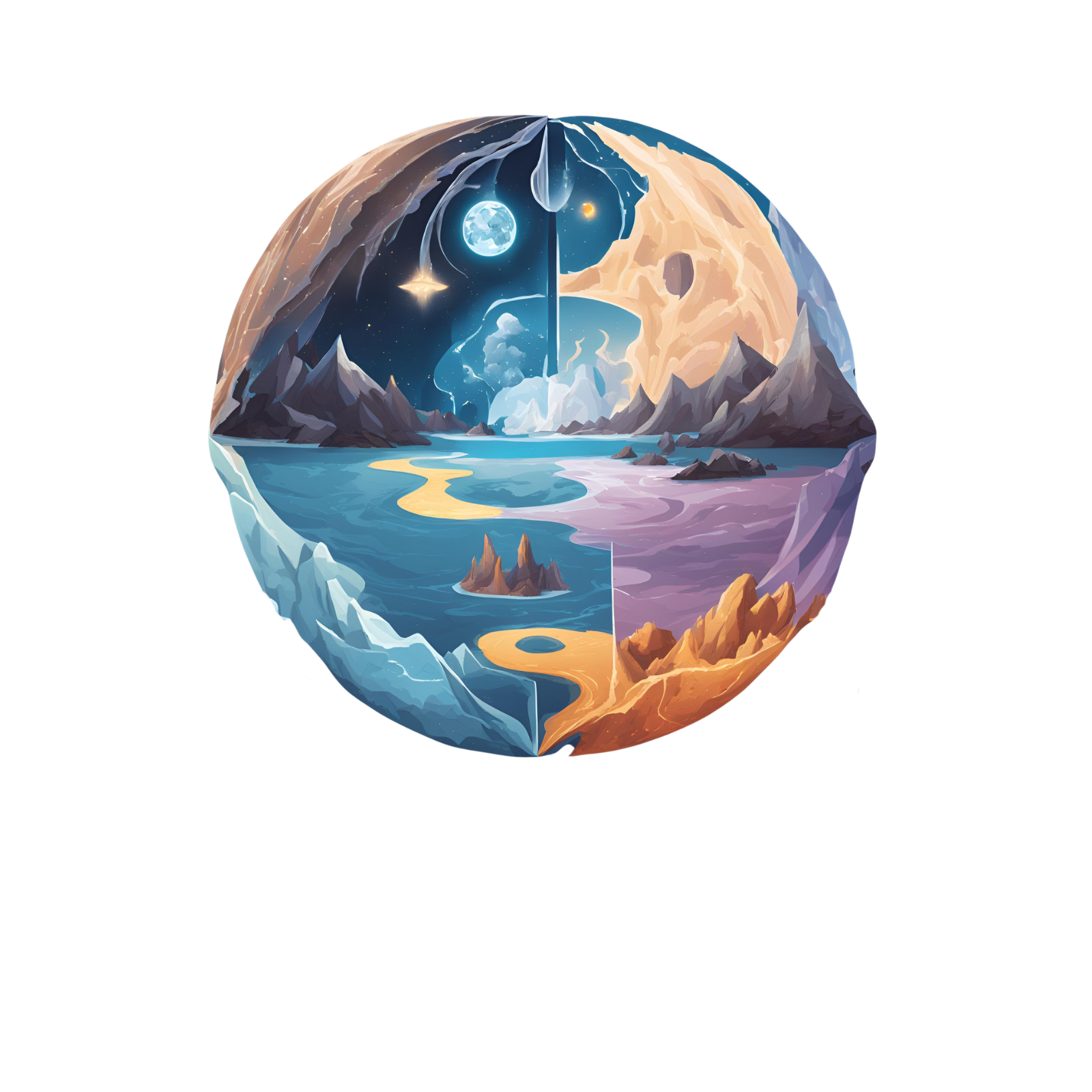 Earlyan planet Zóne Eterna. A planet with four quadrants of day, night, storms and ice. Zóne Eterna written in text below it.