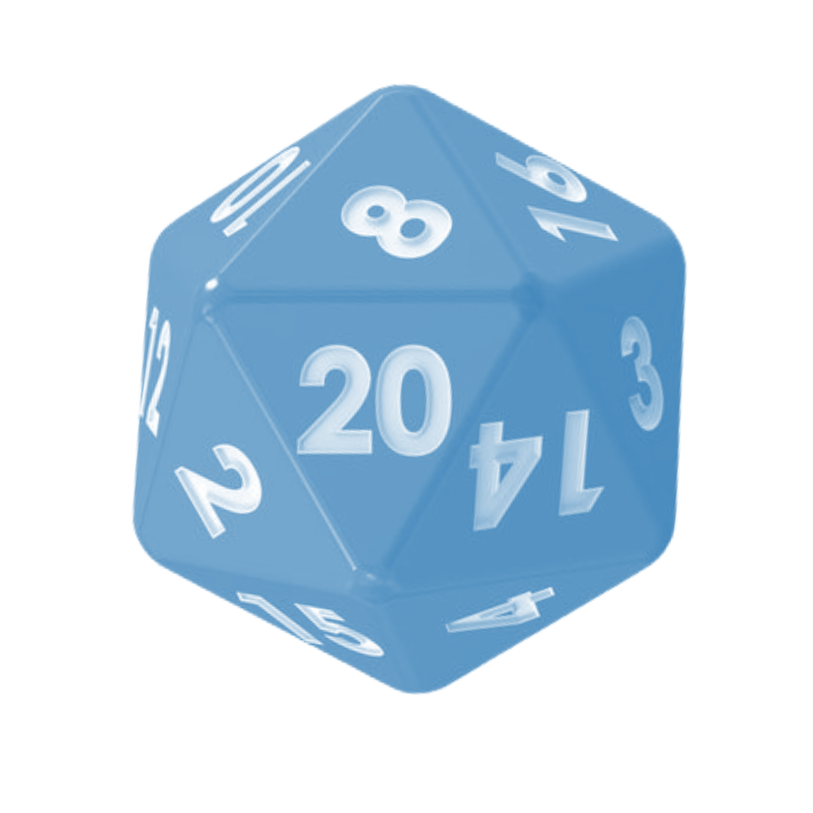 A blue 20-sided die used to roll for Mischief Matter.