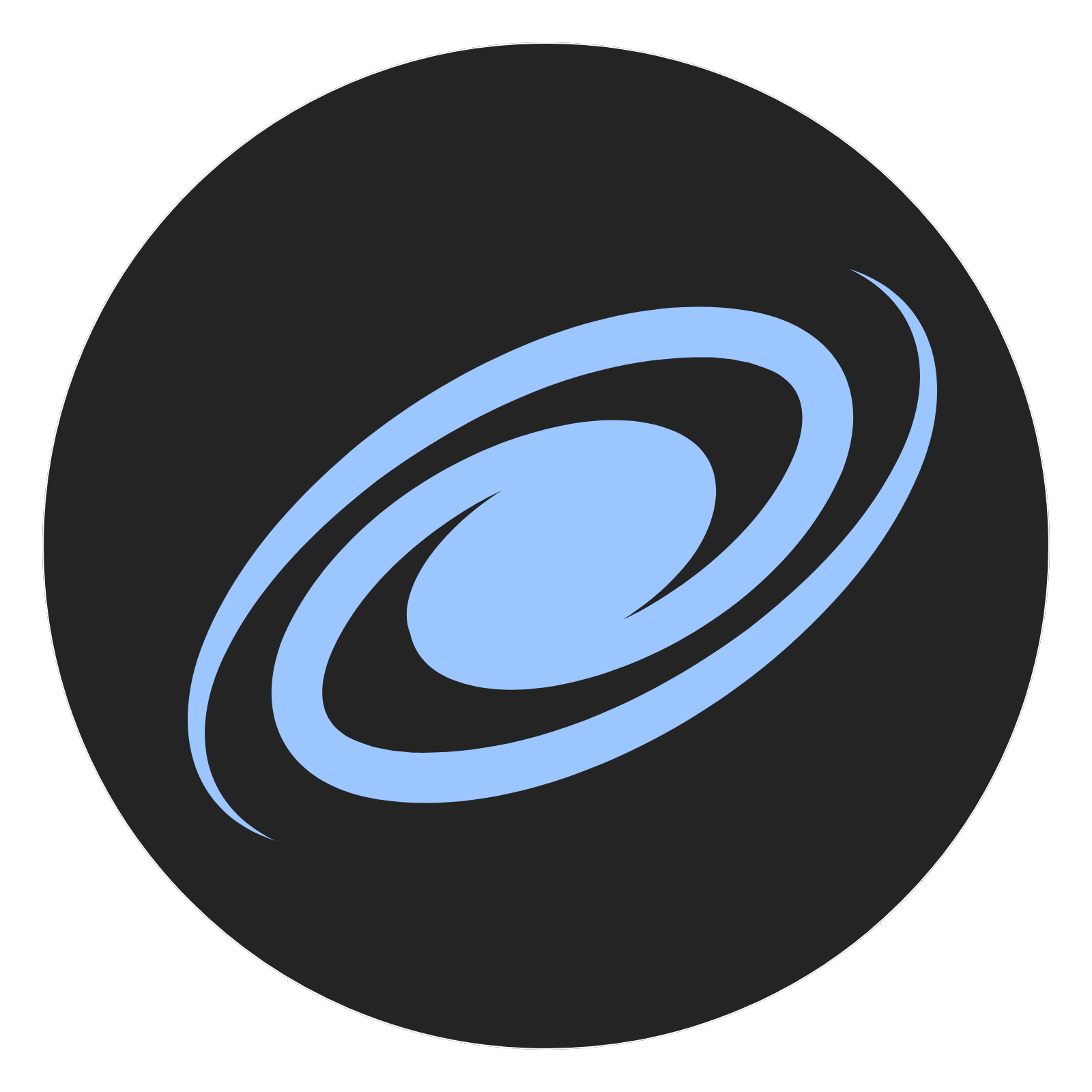 A black circular icon with a blue lightning galaxy swirl in the center.