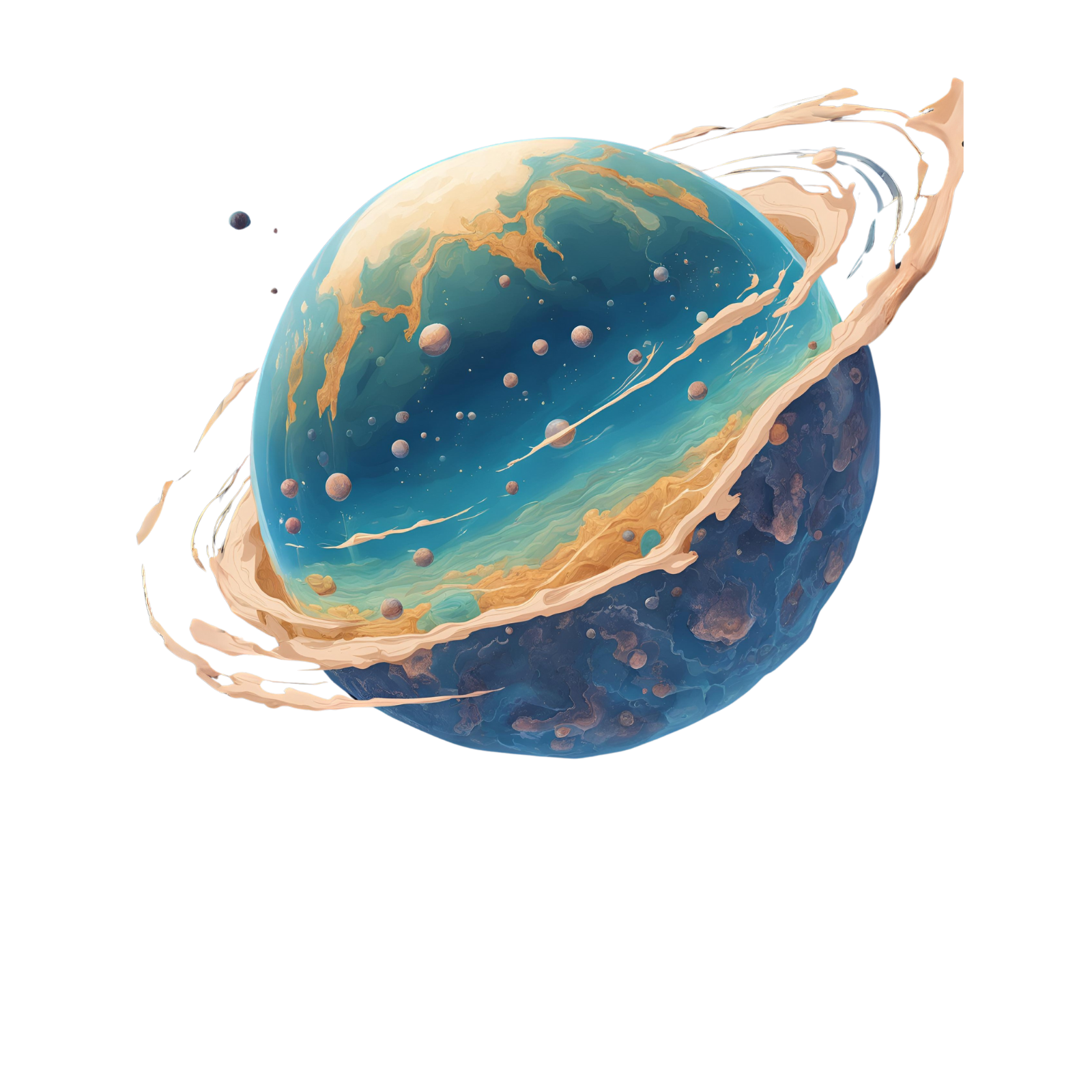 Earlyan planet Infiniteau. A planet made completely of water with pockets of land spheres in the center. Infiniteau written in text below it.
