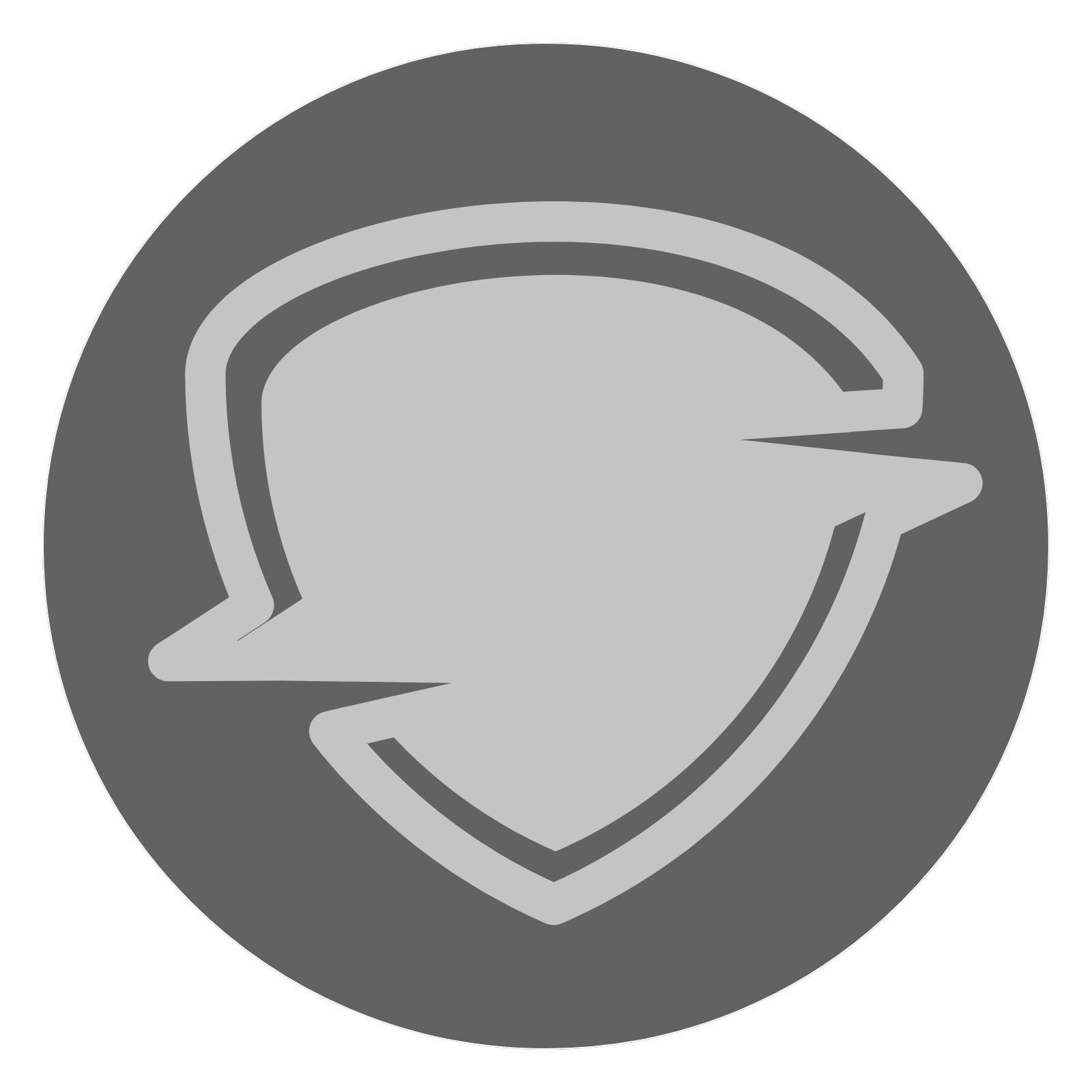 A gray circular icon with a lighter gray shield with offset rings on the top and bottom of it in the center.
