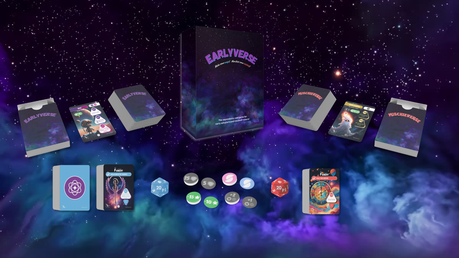 The full Earlyverse Beta Product. One box set including 360 Earlyverse, Mischieverse, and Figment cards with tokens and dice.