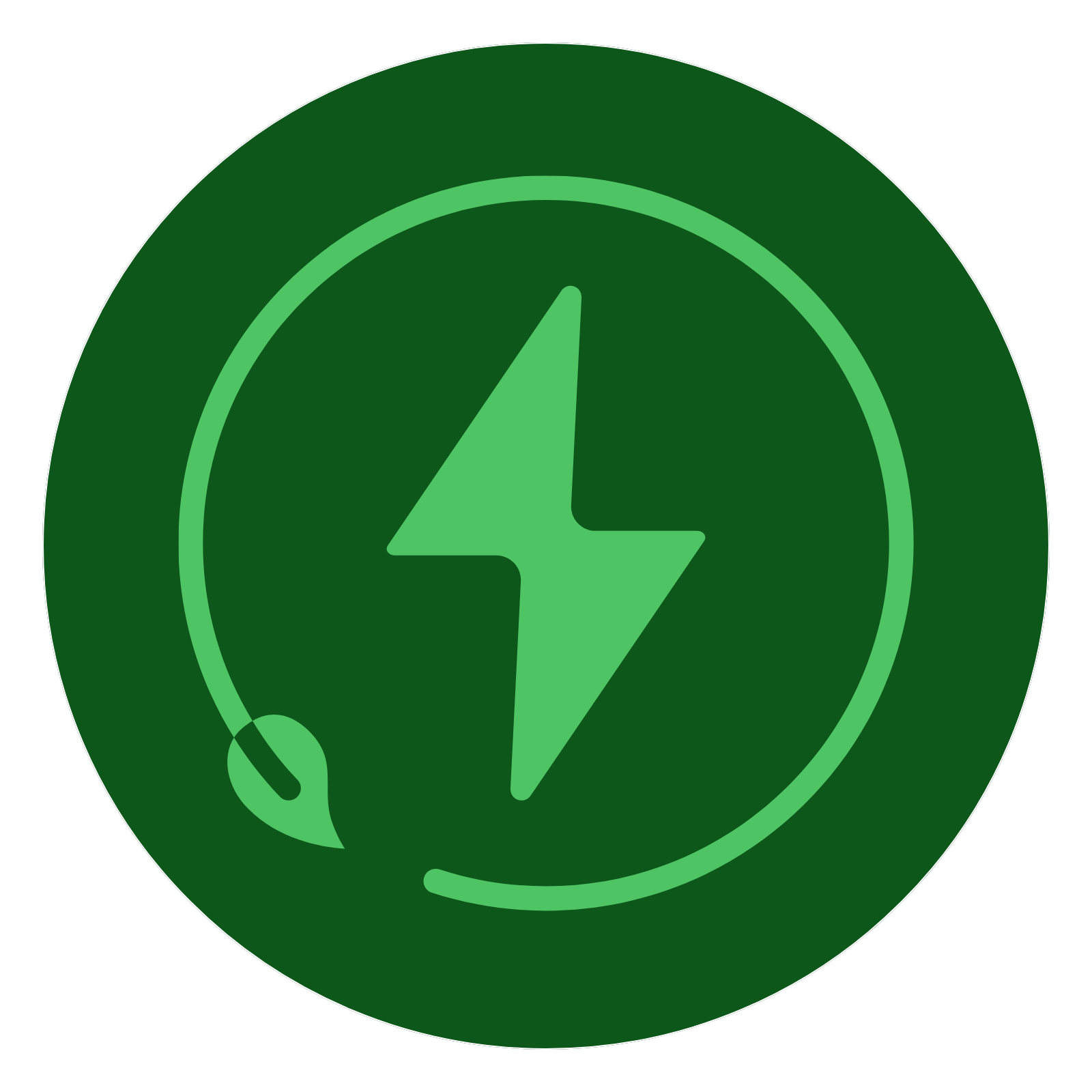 A green circular icon with a lighter green lightning bolt and circle with a leaf on one end around the bolt in the center.