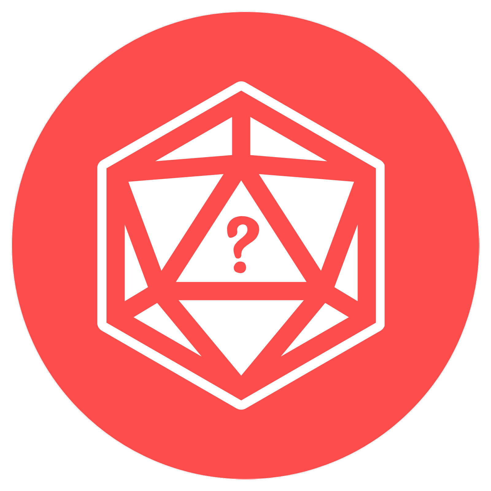 Mischieverse graphic logo and mischief matter icon. A red circle logo with a 20-sided die and a question mark in the center.