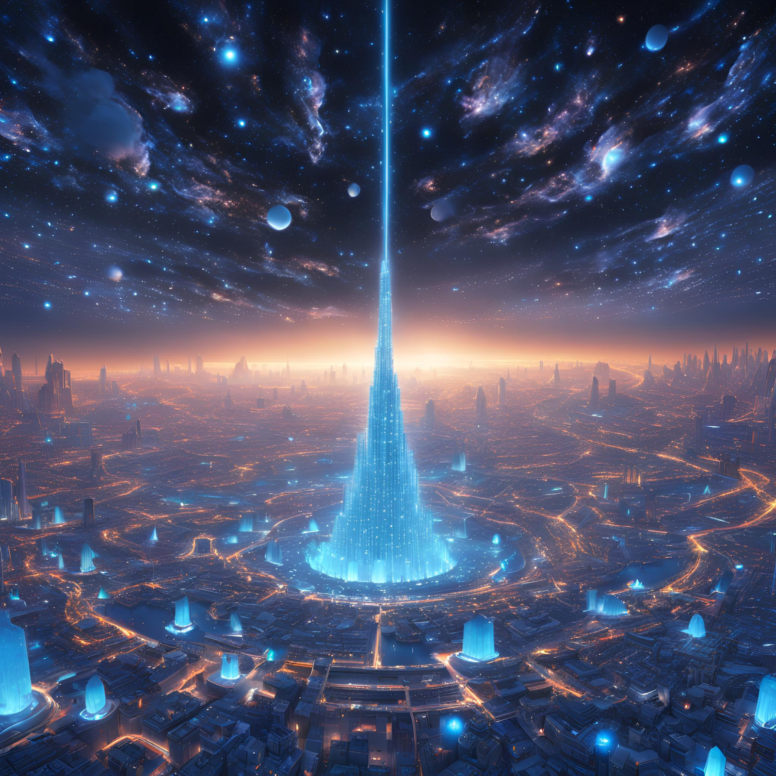 A glowing gold and light blue city with a central light blue pyramid and a light beam going up into space.