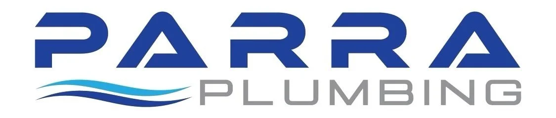 Parra Plumbing logo with blue and gray text and wave design