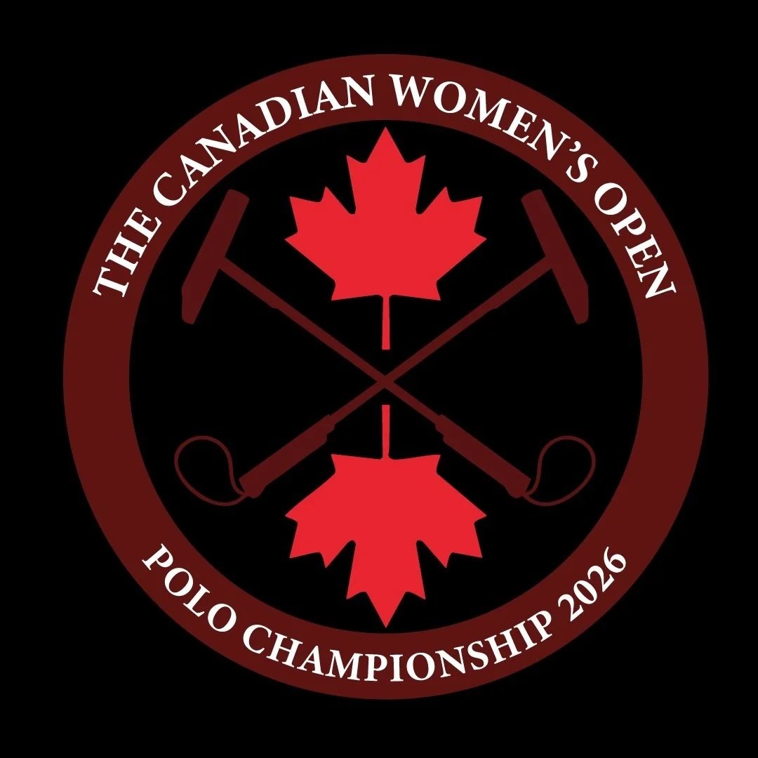 Logo for the Canadian Women's Open Polo Championship 2016, featuring two red maple leaves and two crossed polo mallets on a black background, encircled by the event's title.