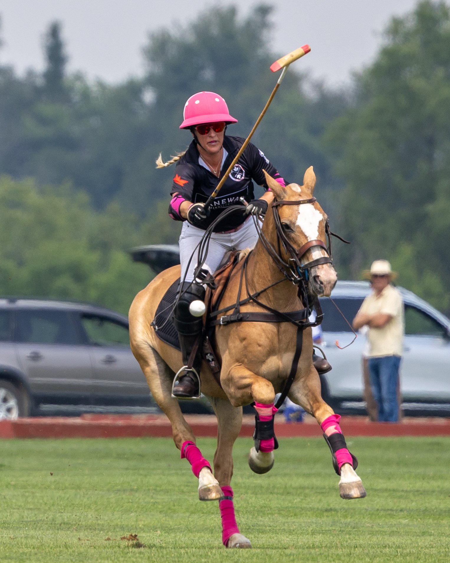 A polo player in black uniform and pink helmet riding a brown horse with pink leg wraps during a polo match on a grass field.