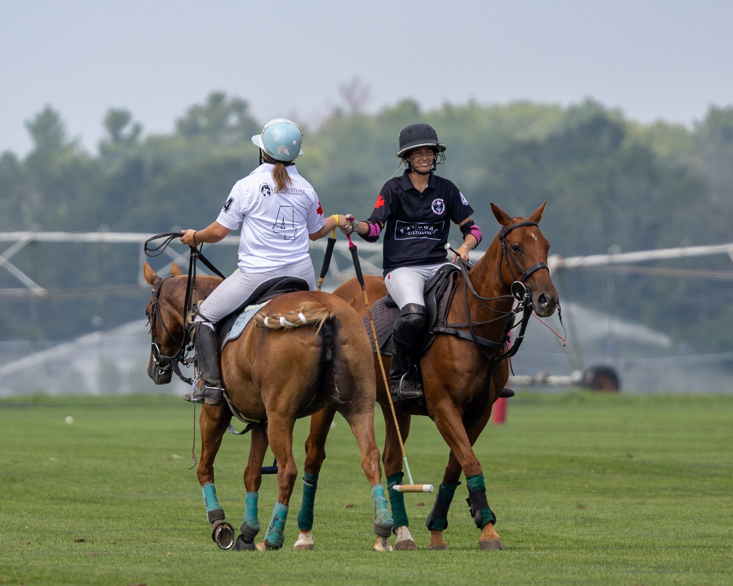 Two women playing polo on horseback. Both are wearing helmets and sport uniforms. One woman is in a white uniform, and the other is in a black uniform, both smiling and holding polo mallets.