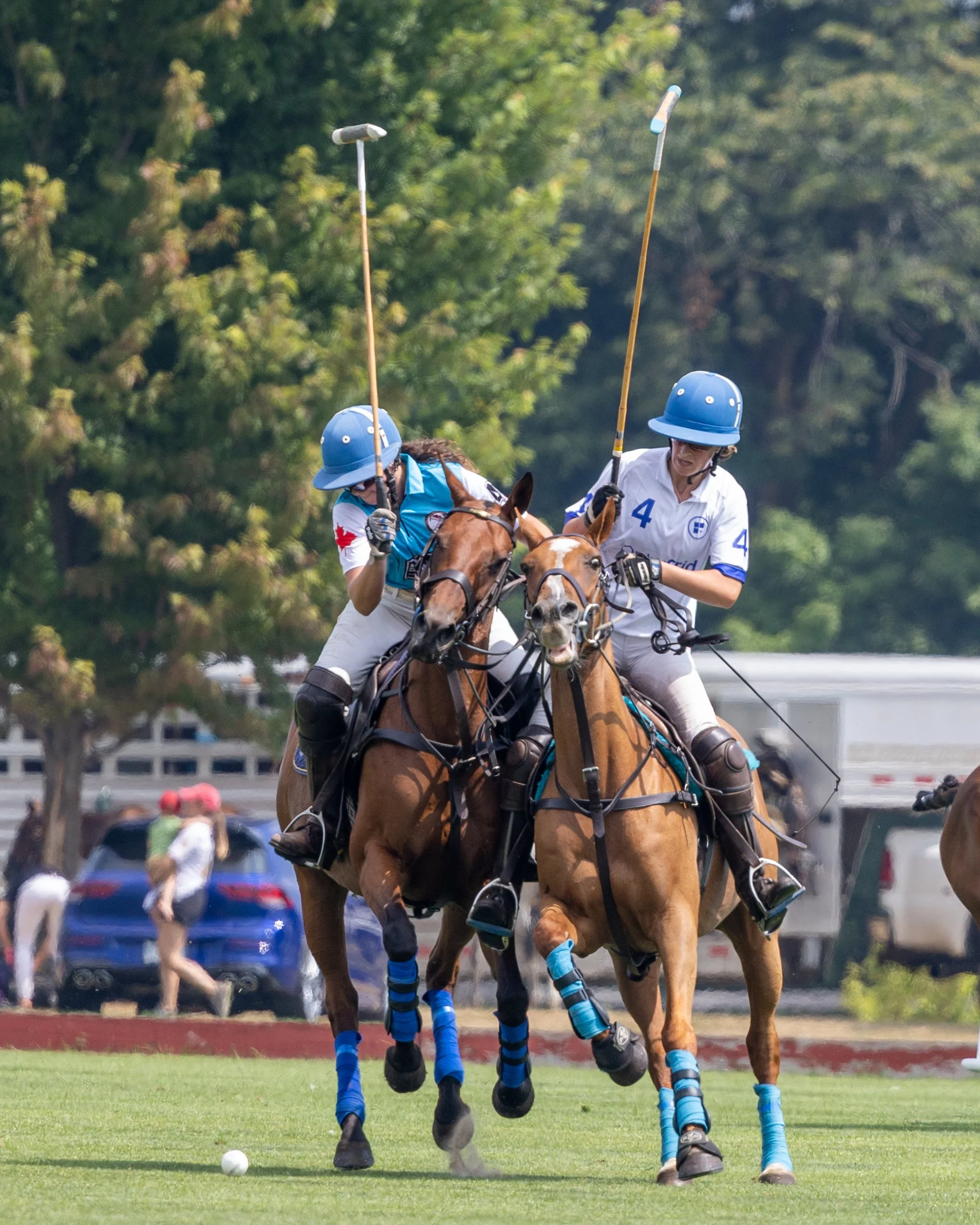 Two polo players on horseback in action, wearing helmets and uniforms, competing for a white polo ball on a field, with spectators and cars in the background.