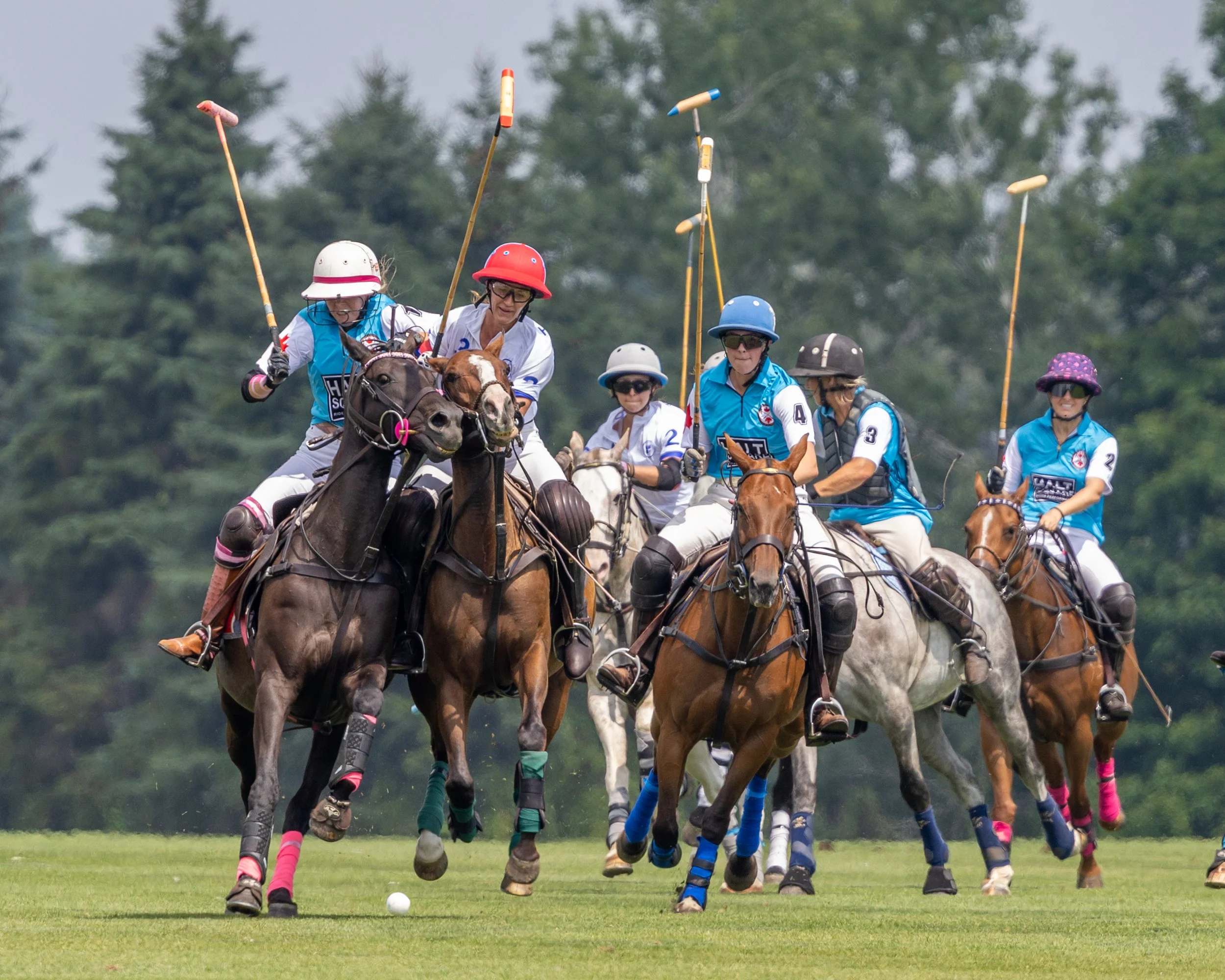 Horses and riders compete in a polo match on a green field.