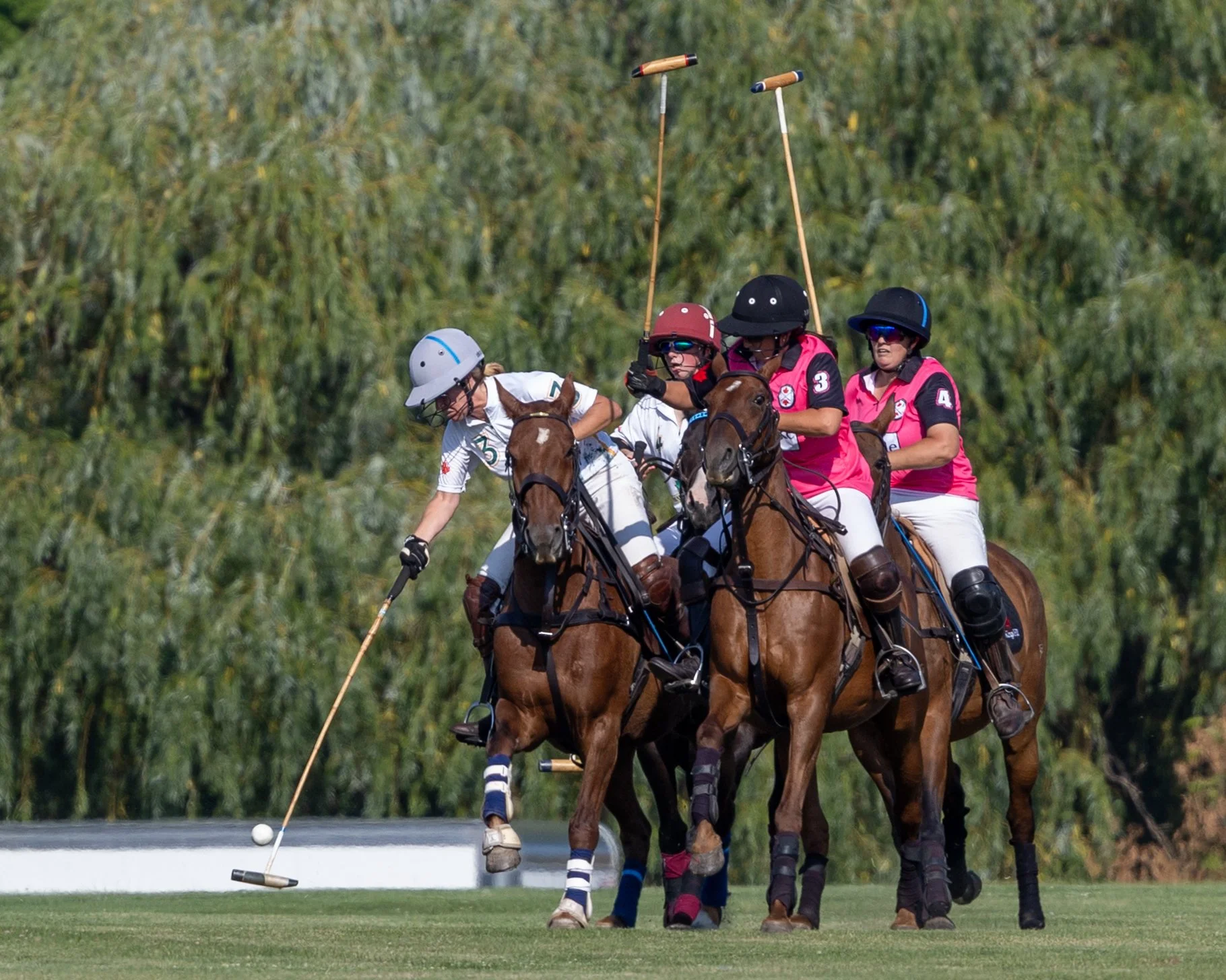 Group of polo players on horses in action on a grassy field, wearing helmets and brightly colored jerseys.
