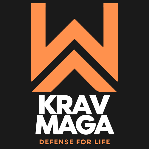 Krav Maga logo with an orange W and black background, and the text 'KRAV MAGA' and 'Defense for Life'.