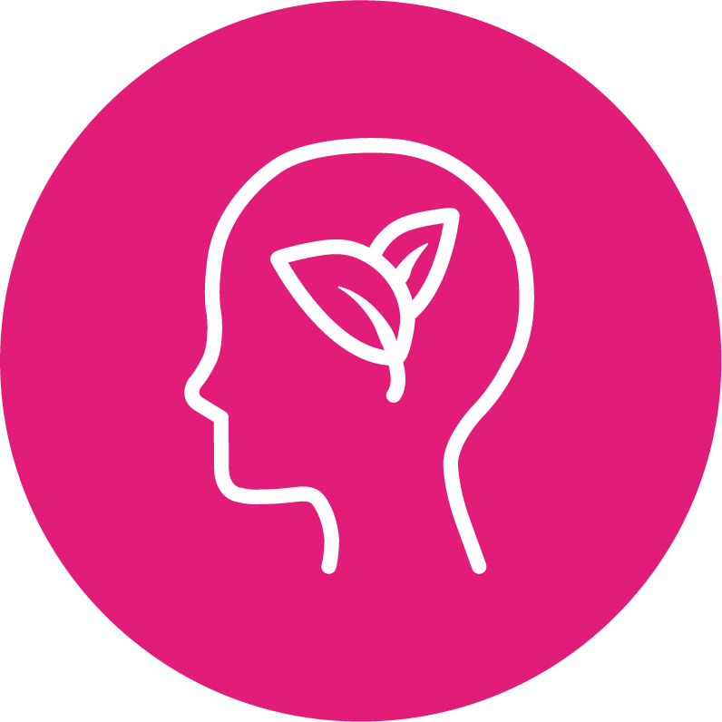 Mental Health — icon outline of a human head with two leaves inside, set against a pink circular background.